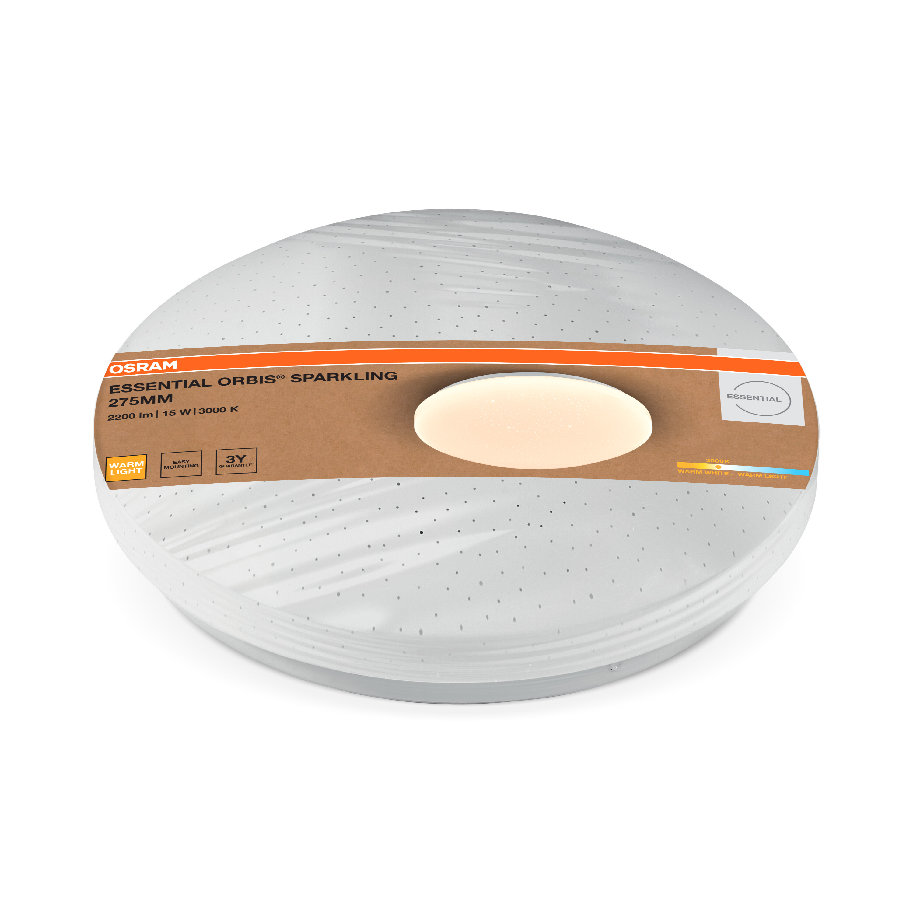 Kerek, fehér Osram Essential Orbis Sparkling LED mennyezeti lámpa barna csomagolószalaggal és világító kivágással.