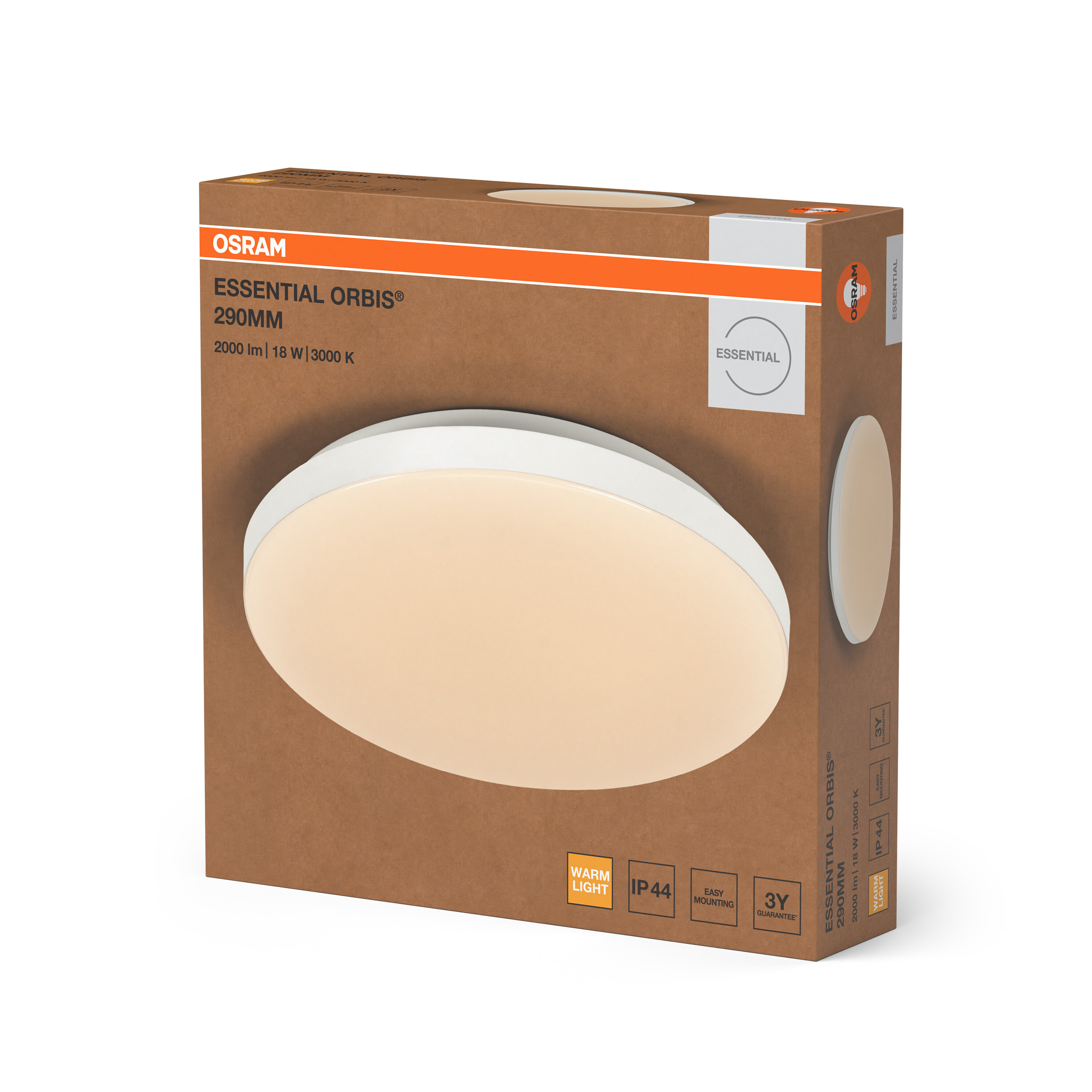 Osram Essential Orbis 290 mm-es LED mennyezeti lámpa barna csomagolásban, műszaki adatokkal.
