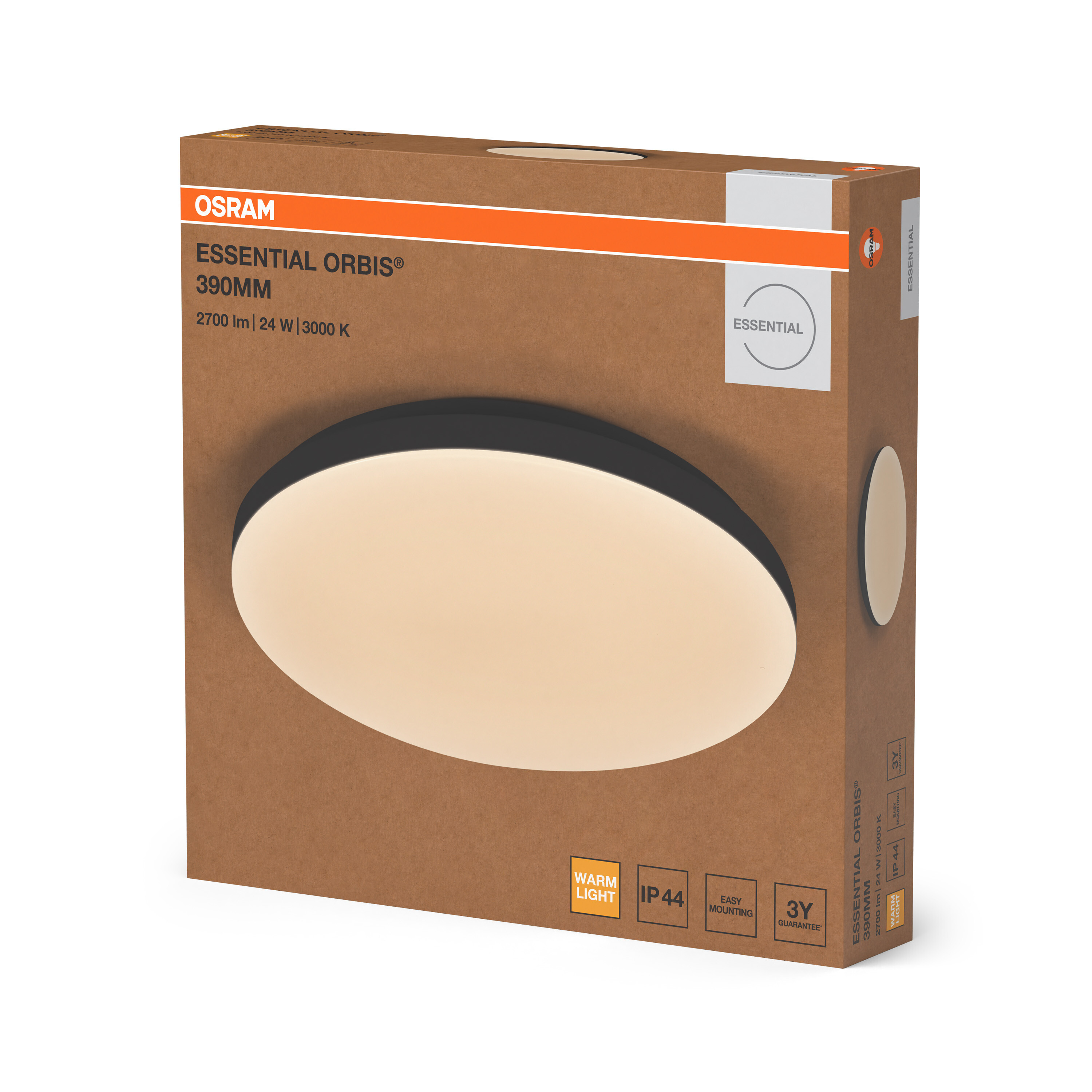 Kartondoboz Osram Essential Orbis 390 mm-es LED mennyezeti lámpához termékképpel és adatokkal.