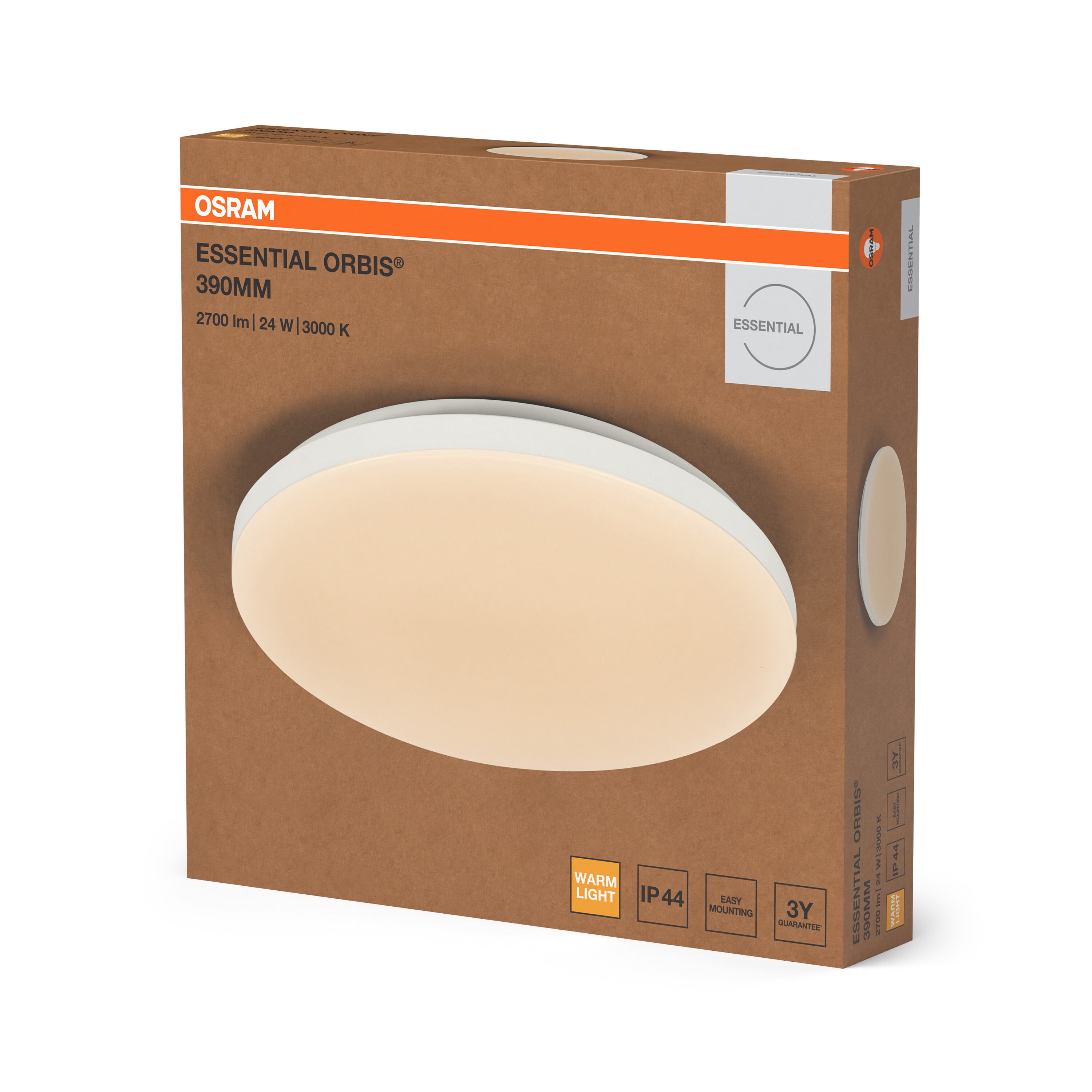 Barna termékdoboz az Osram Essential Orbis 390 mm-es LED lámpához, technikai adatokkal.