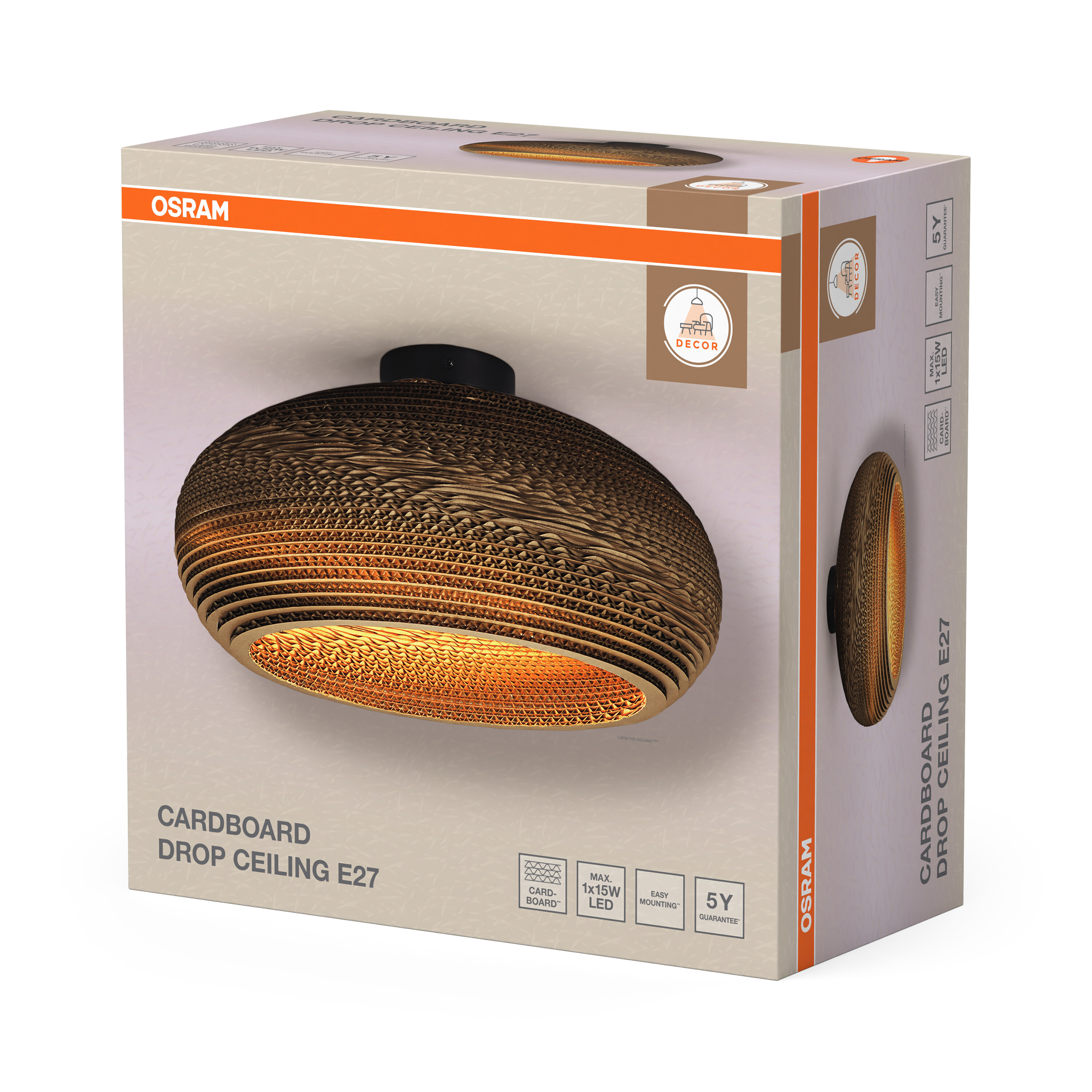Csomagolódoboz egy Osram Cardboard Drop Ceiling E27 lámpához, termékfotóval és adatokkal.
