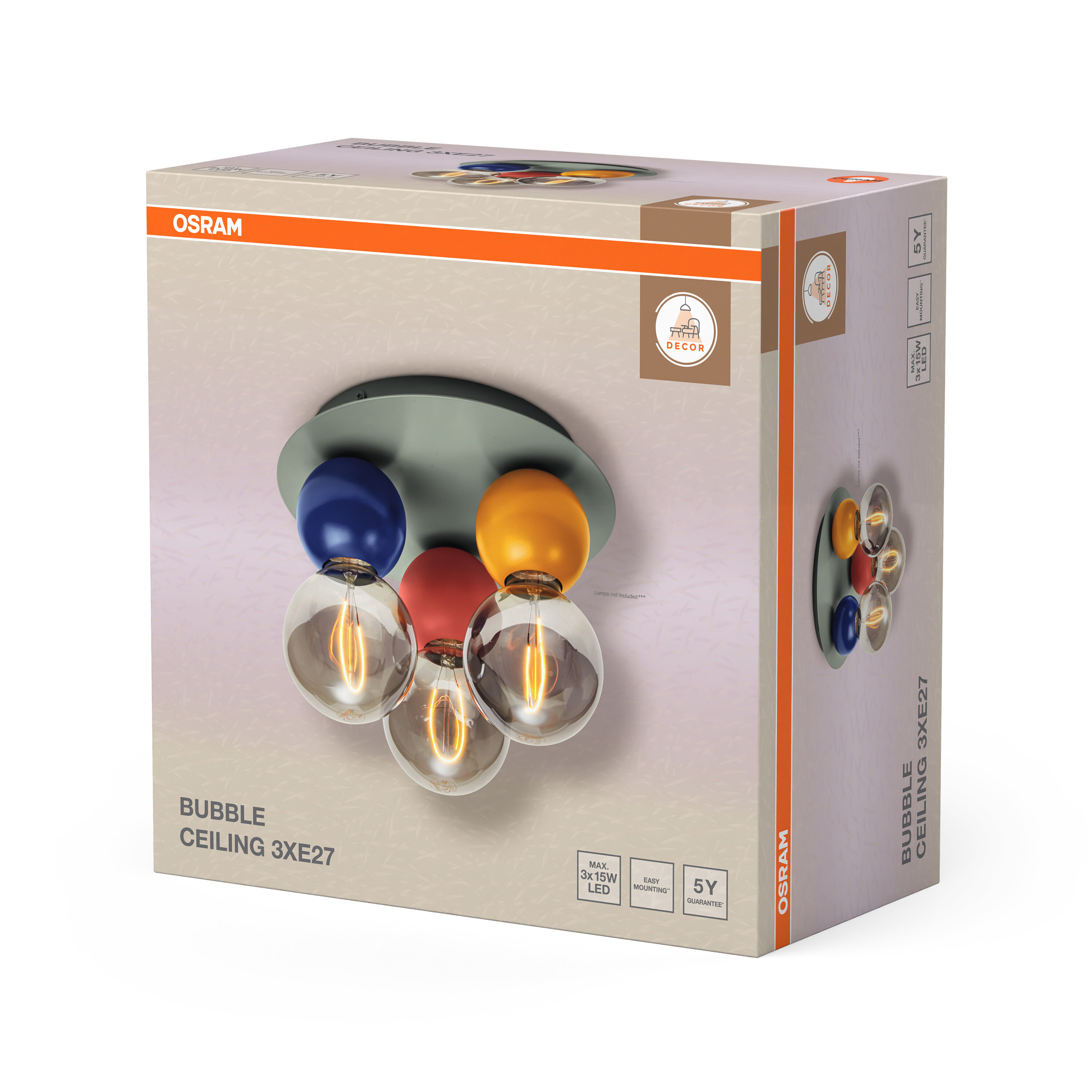Osram csomagolás a Bubble mennyezeti lámpához, három színes foglalattal és izzóval.