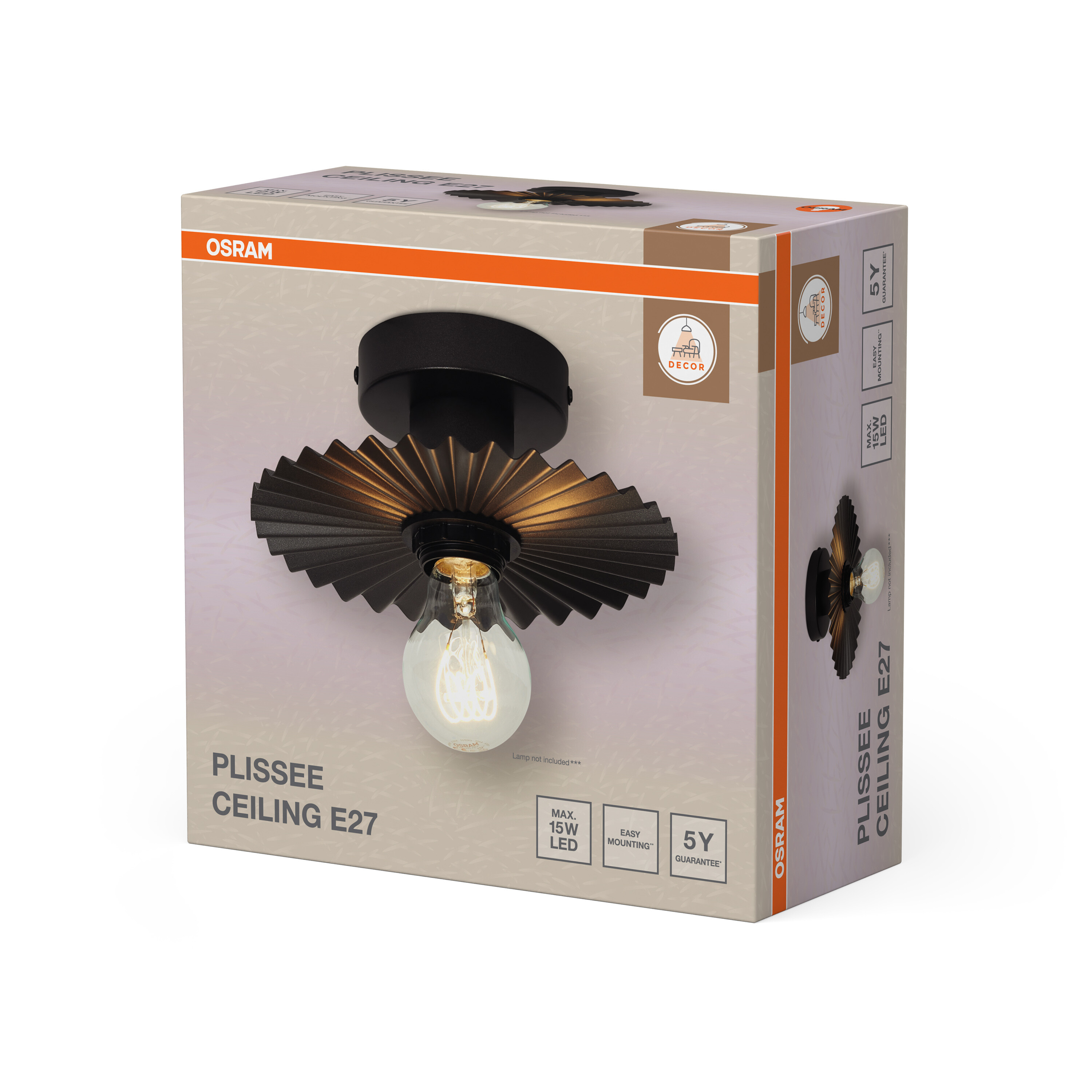 Osram Plissee Ceiling E27 doboz, fekete plissírozott mennyezeti lámpával és izzóval.