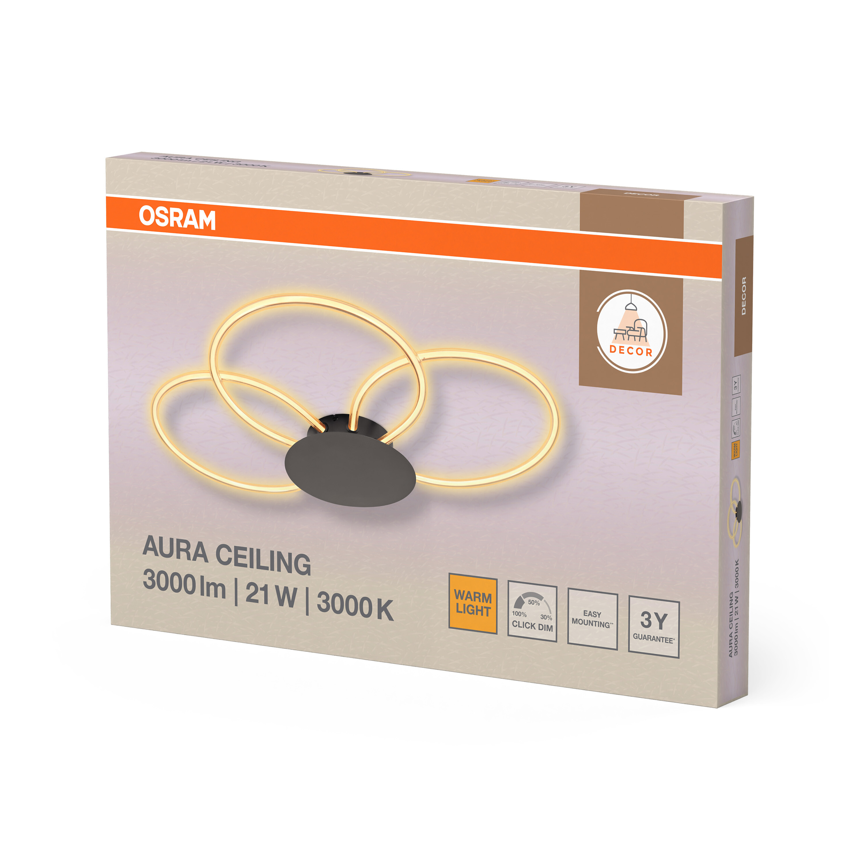 Osram Aura mennyezeti lámpa doboz világító körökkel, meleg fénnyel és 3 év garanciával.
