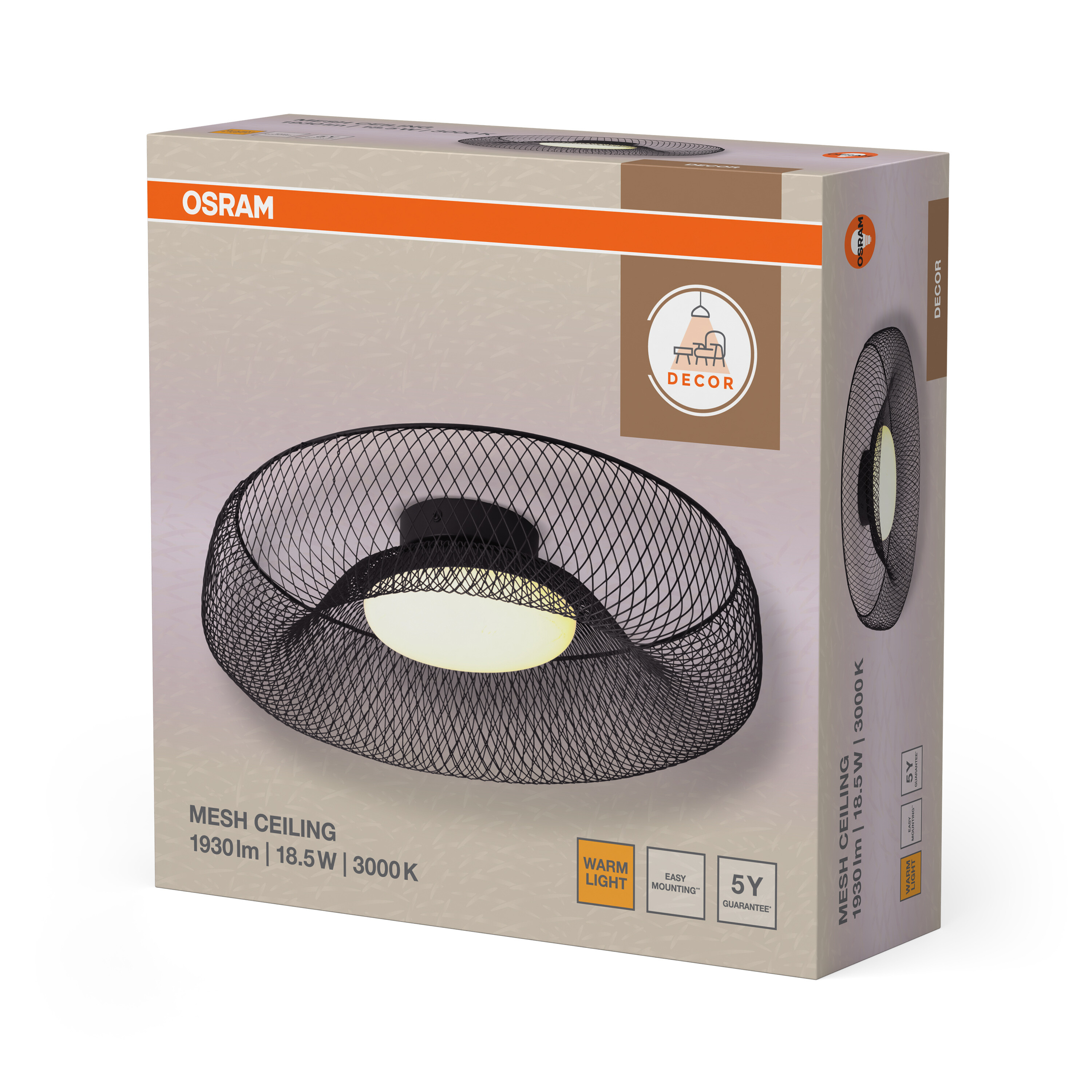 Az Osram Mesh mennyezeti lámpa csomagolása fekete fémhálós dizájnnal és meleg fénnyel.