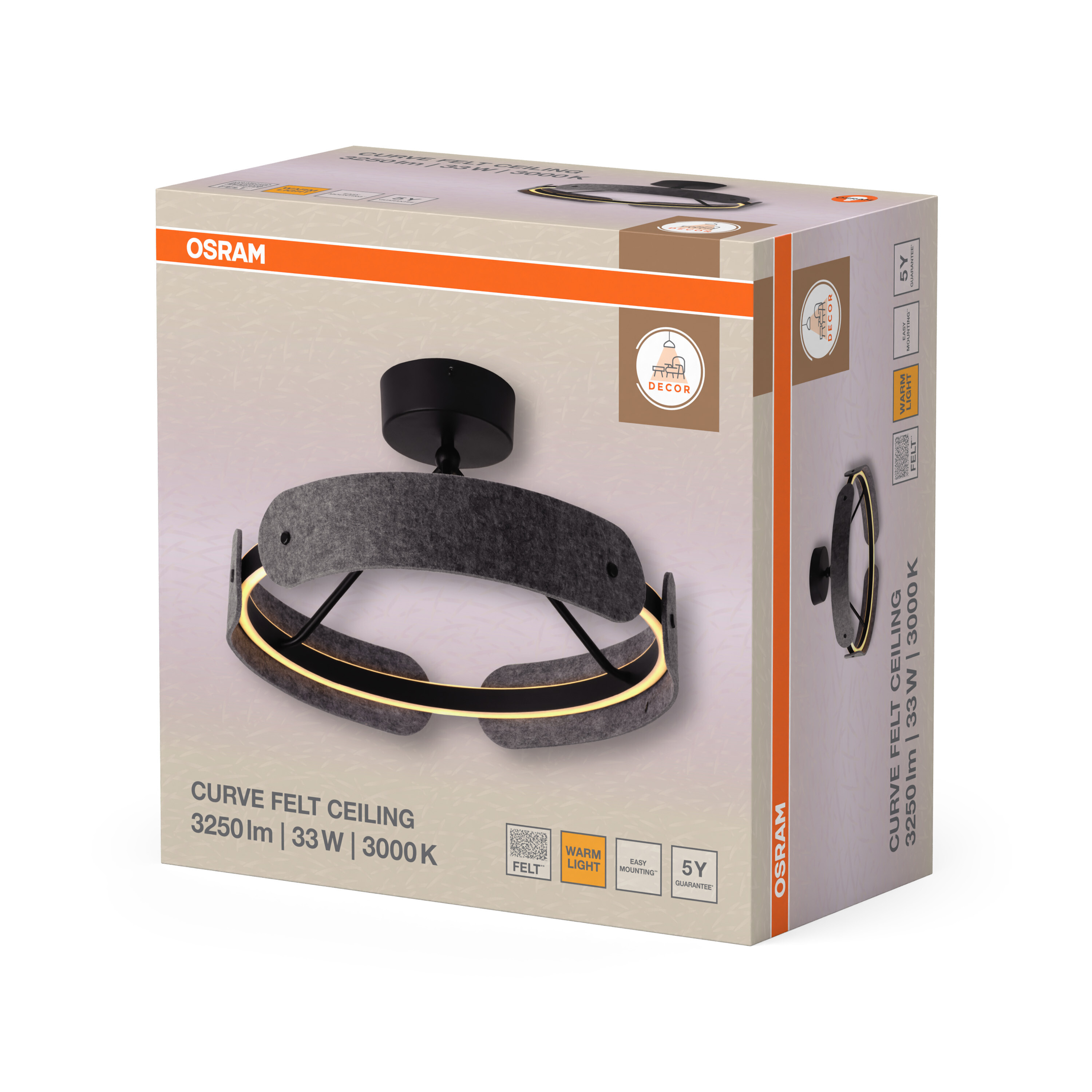 Az Osram Curve Felt Ceiling lámpa termékdoboza szürke filccel és meleg fénnyel.