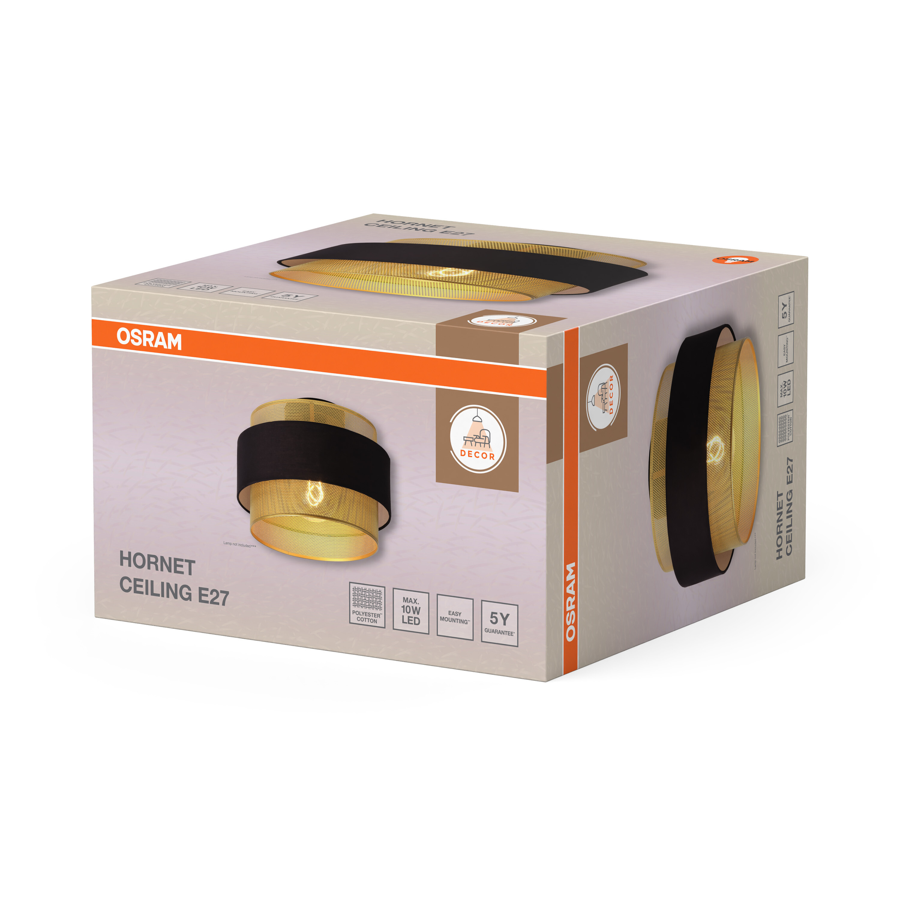 Osram Hornet E27 mennyezeti lámpa termékdoboz képekkel és specifikációkkal.