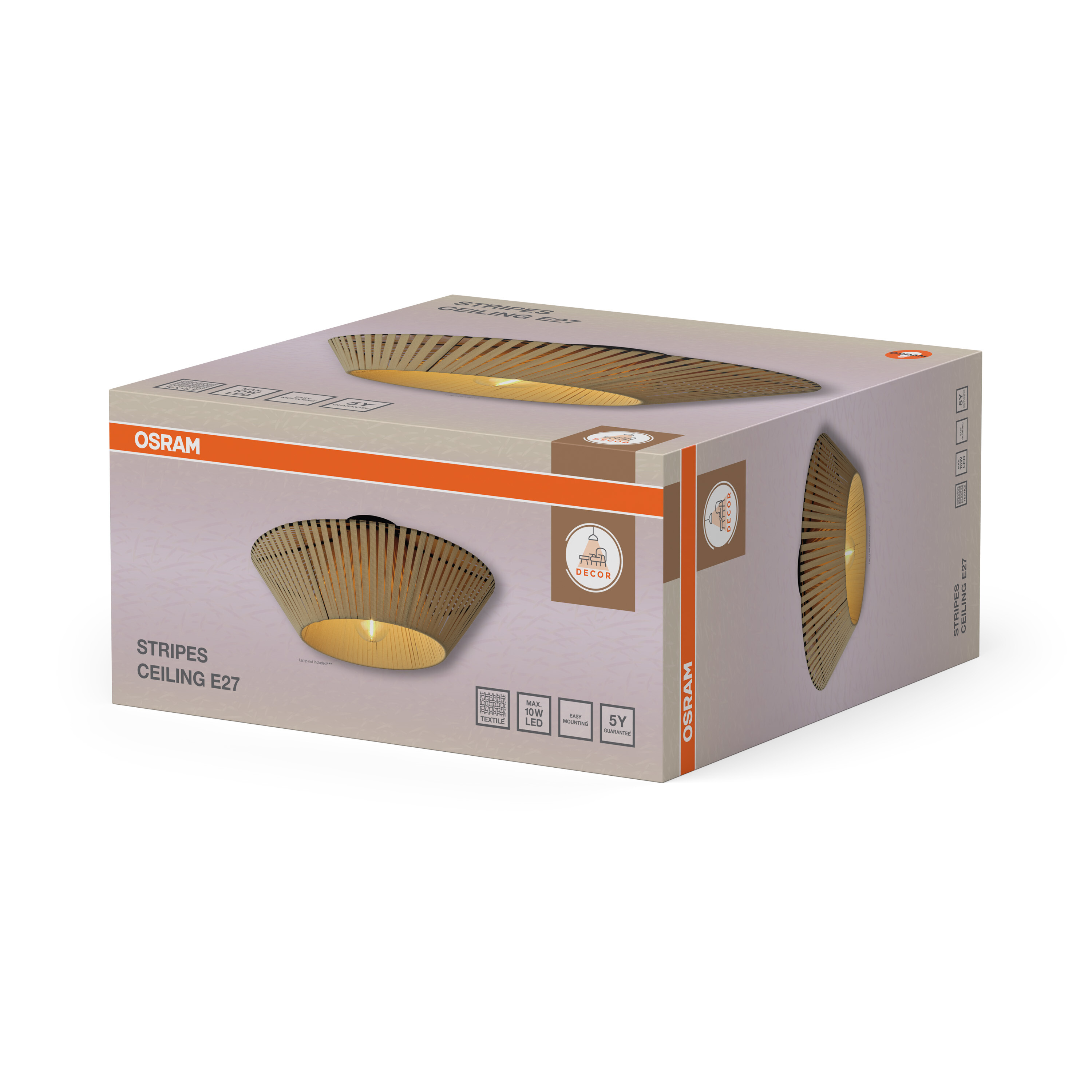 Osram Stripes mennyezeti lámpa doboz termékképpel és műszaki ikonokkal fehér alapon.