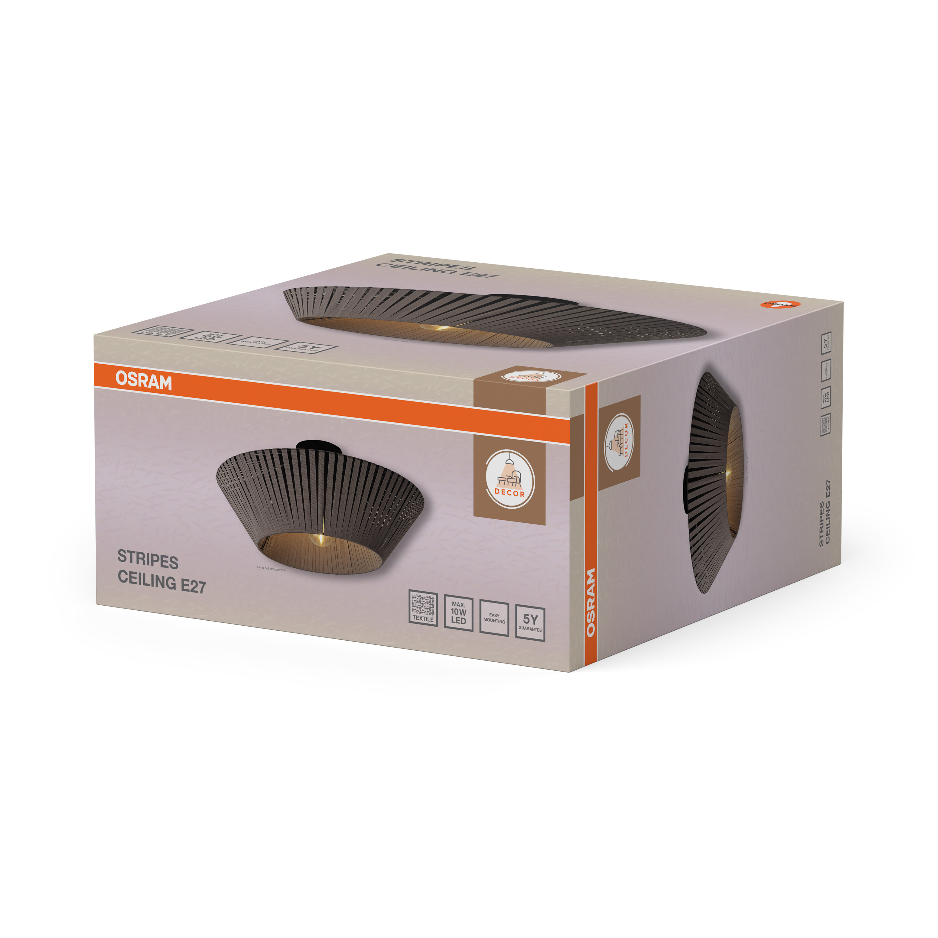 Csomagolódoboz egy Osram Stripes Ceiling E27 lámpához, termékfotóval.
