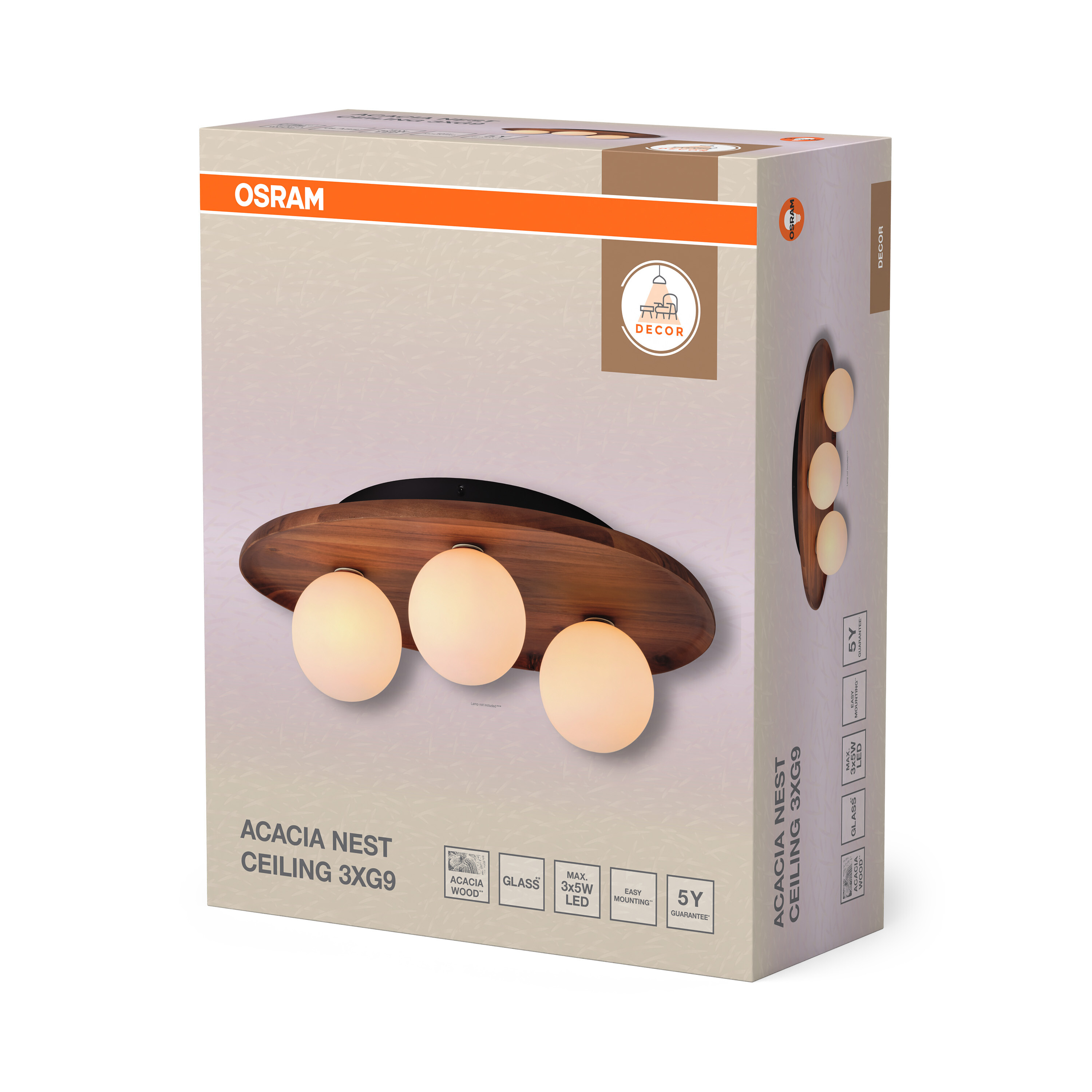 Osram Acacia Nest mennyezeti lámpa csomagolás három üveglámpával és fa alappal.