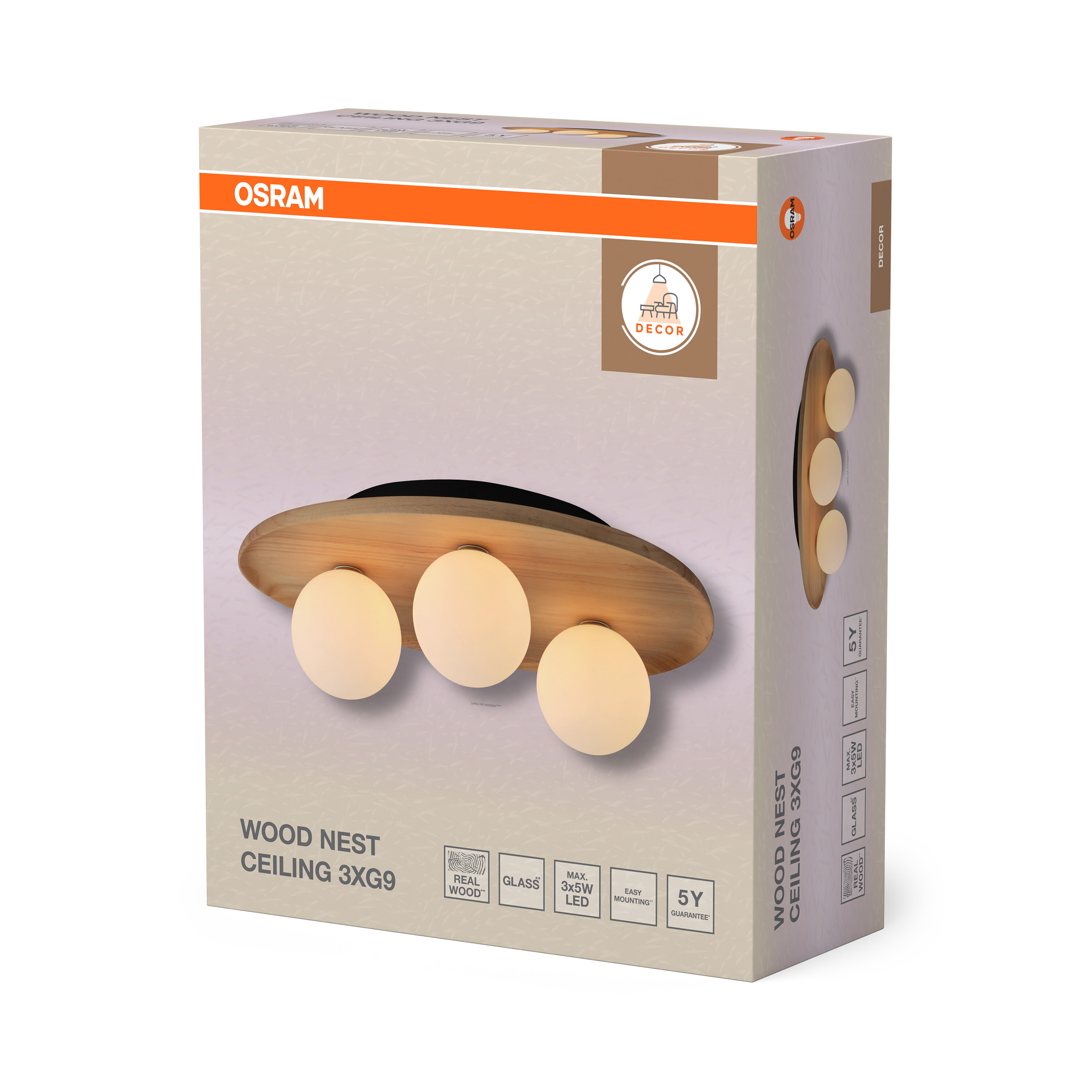 Egy Osram Wood Nest mennyezeti lámpa doboz fa alappal és három gömb alakú fehér üvegbúrával.