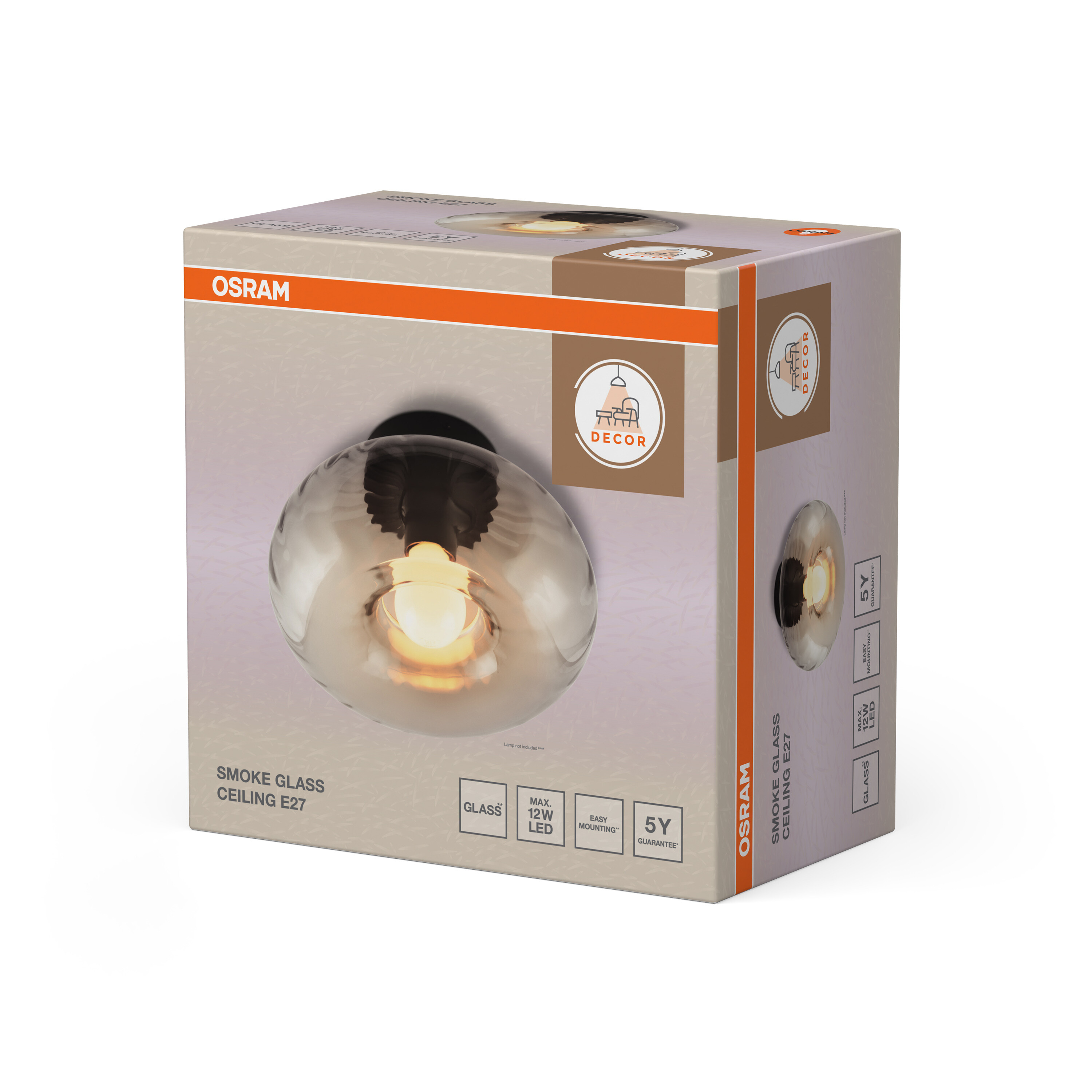 Osram csomagolás egy kerek füstüveg mennyezeti lámpához, E27-es foglalattal és 5 év garanciával.
