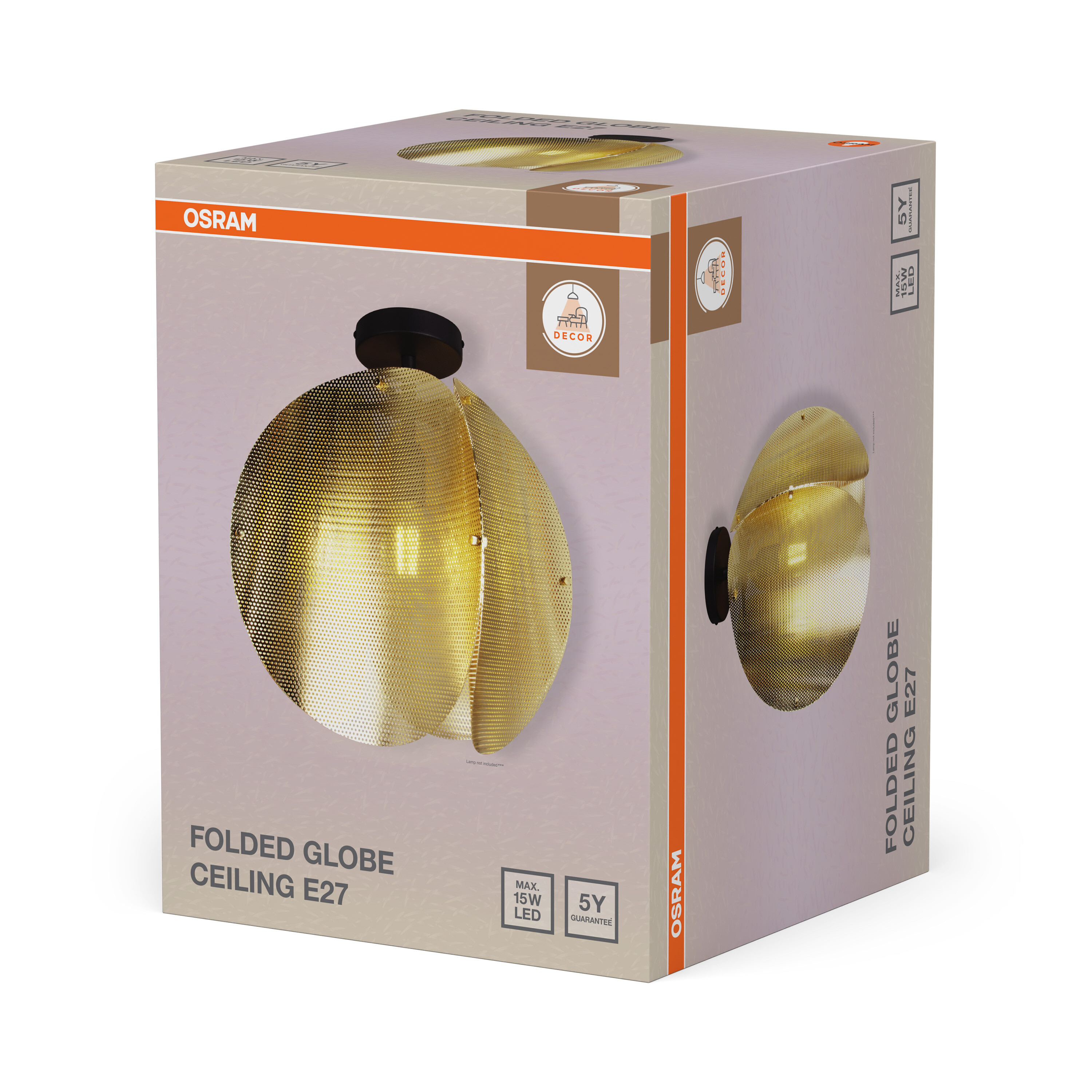 Csomagolódoboz egy Osram Folded Globe E27 mennyezeti lámpához, arany színű búrával.