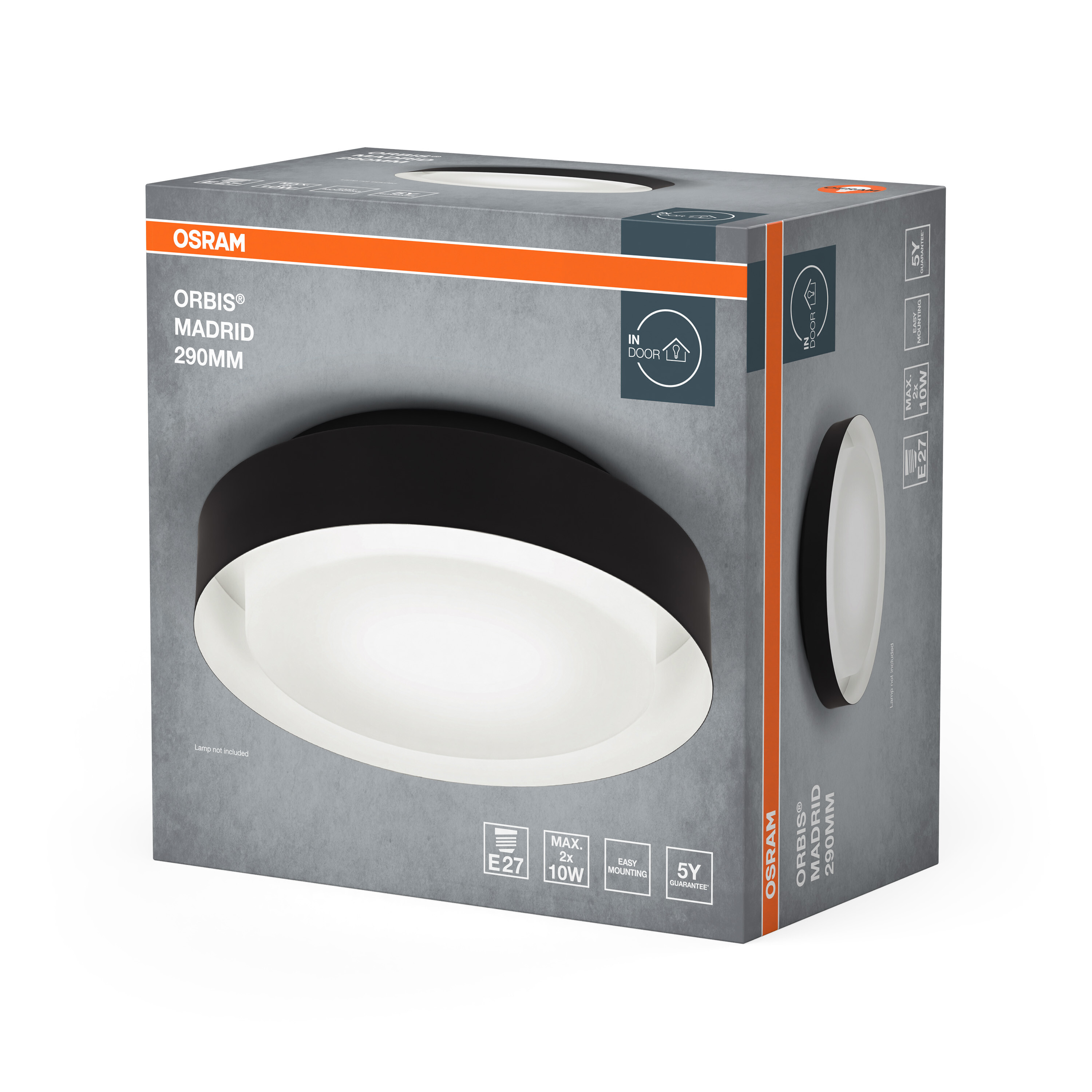 Osram Orbis Madrid 290mm mennyezeti lámpa csomagolása szürke és narancs színben, termékképpel.