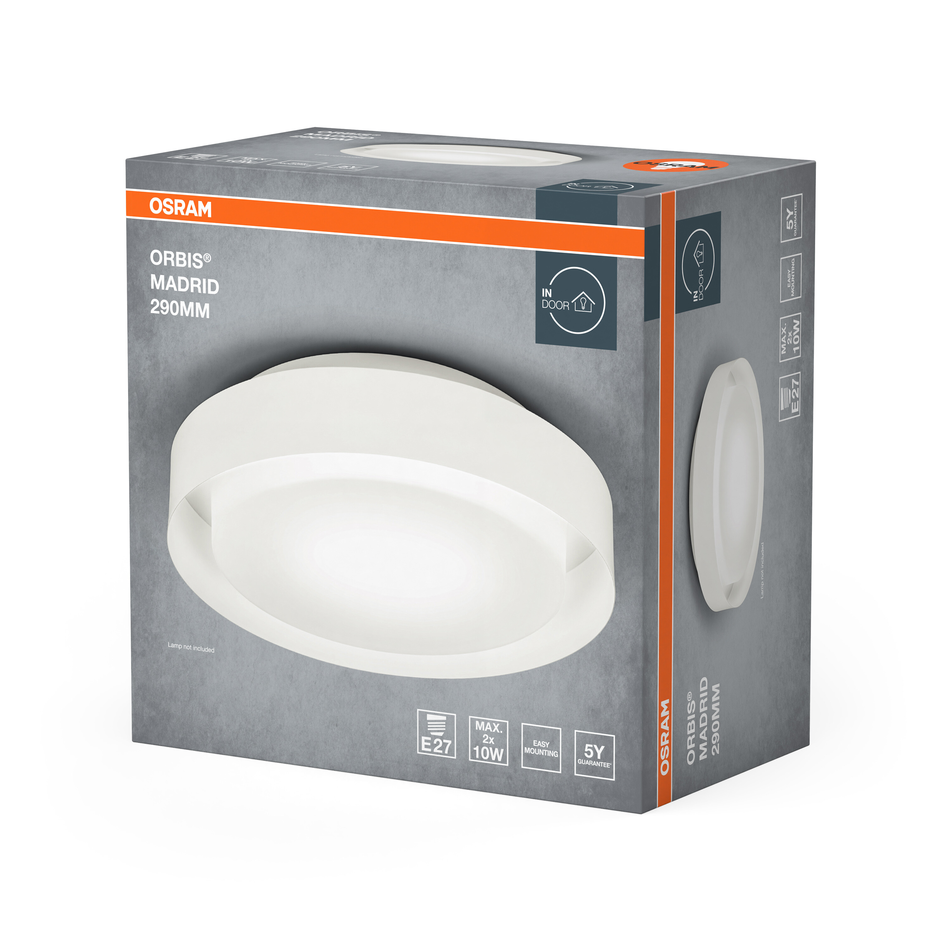 Szürke és narancssárga Osram Orbis Madrid 290 mm-es mennyezeti lámpa doboz termékképpel.