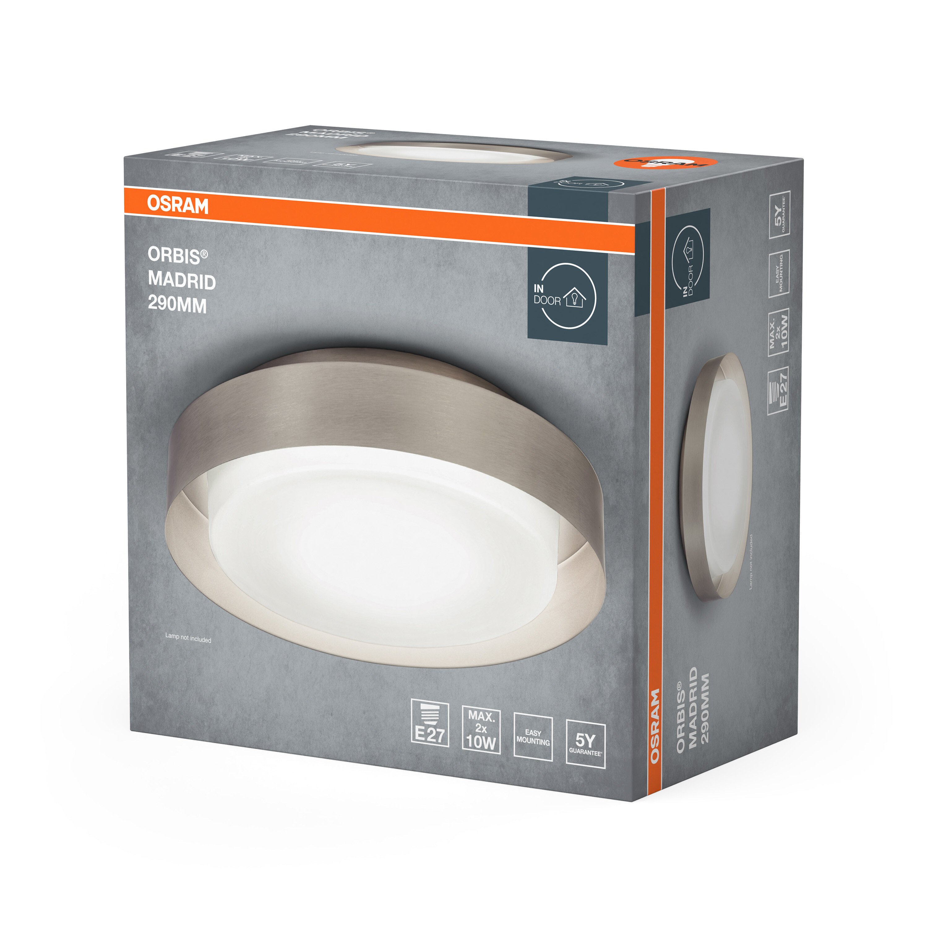 Szürke termékdoboz az Osram Orbis Madrid 290 mm-es mennyezeti lámpához, képpel és ikonokkal.