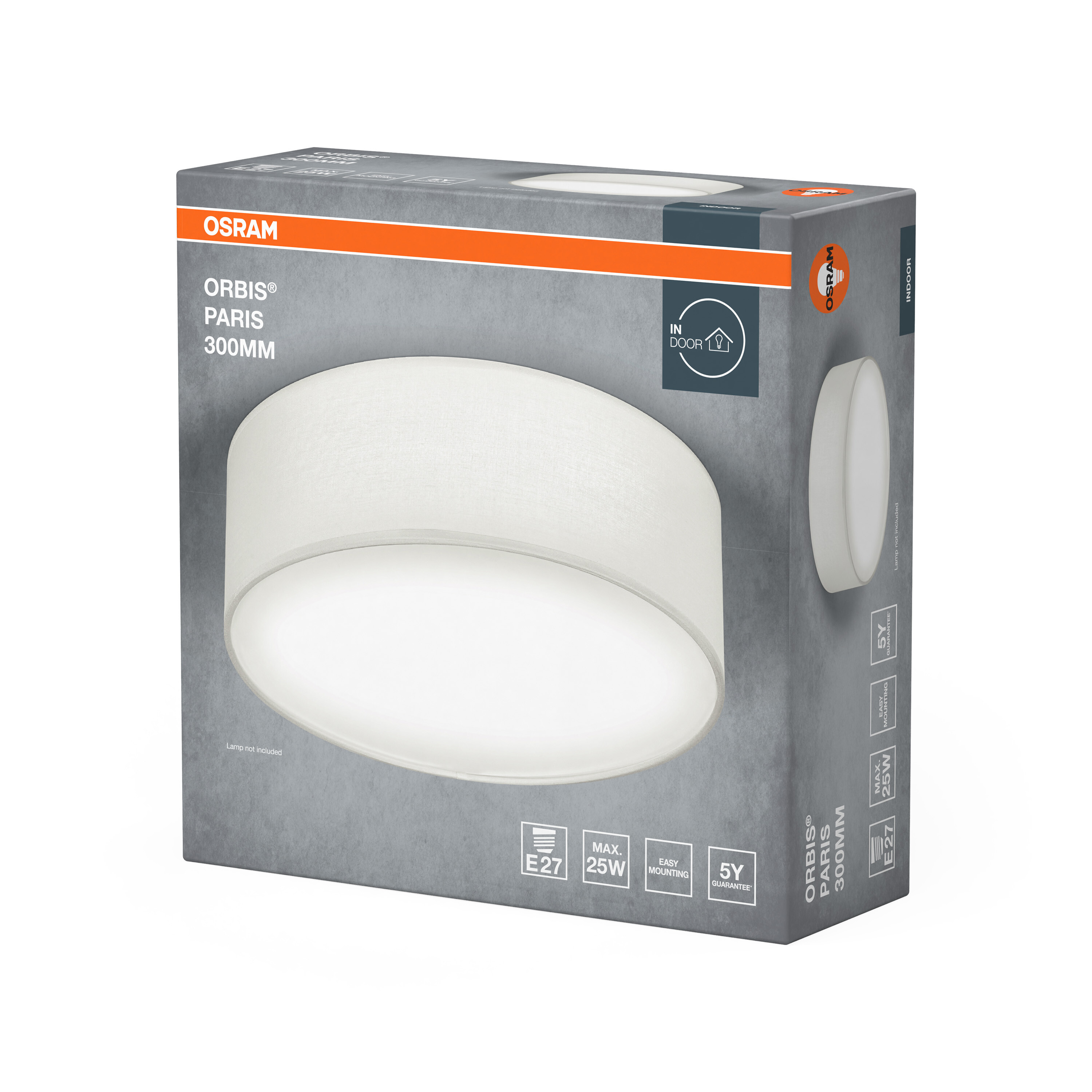 Szürke és narancssárga csomagolás az Osram Orbis Paris 300MM mennyezeti lámpához, képpel.