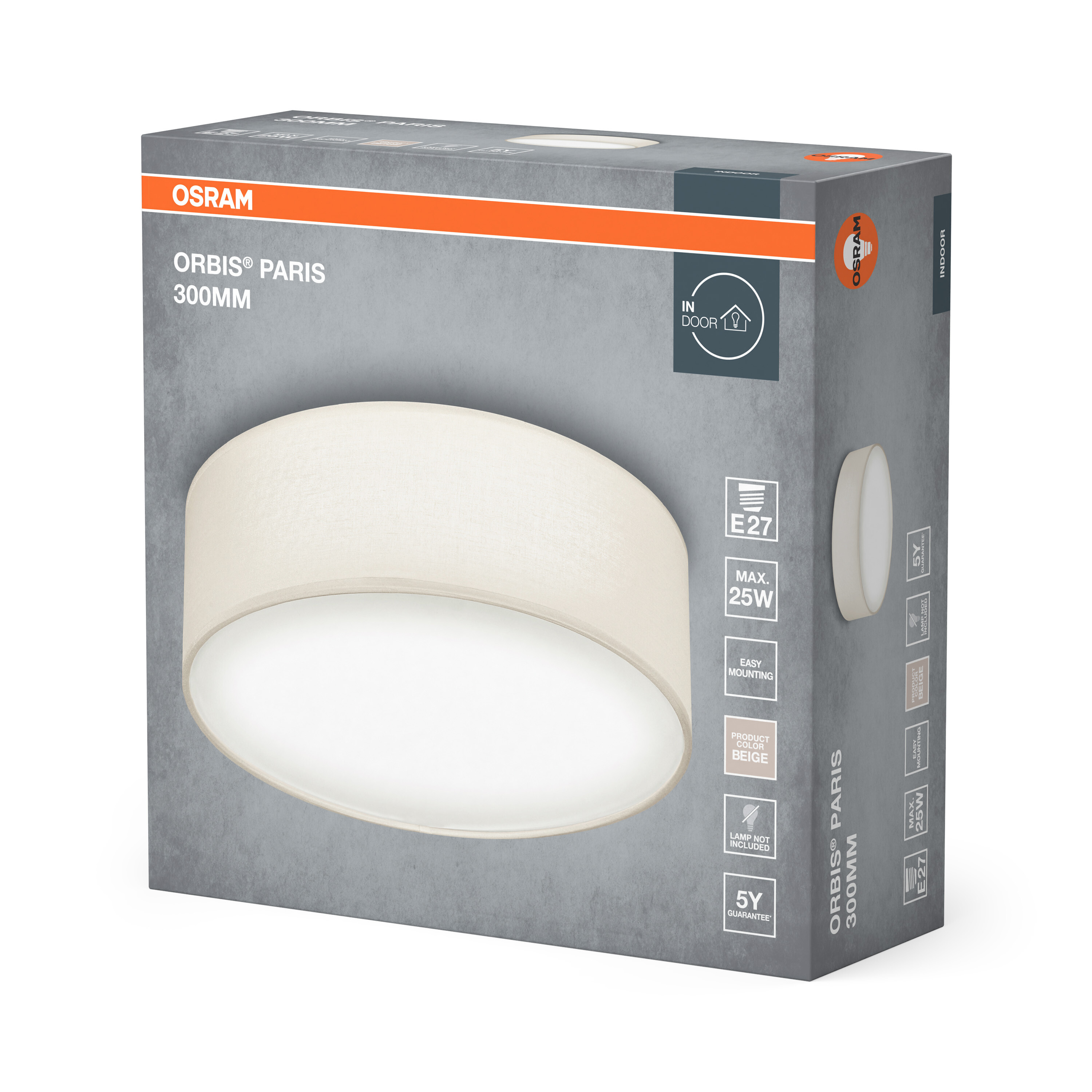 Egy Osram Orbis Paris 300 mm-es beltéri mennyezeti lámpa termékcsomagolás doboz bézs kerek szövet lámpaernyővel.