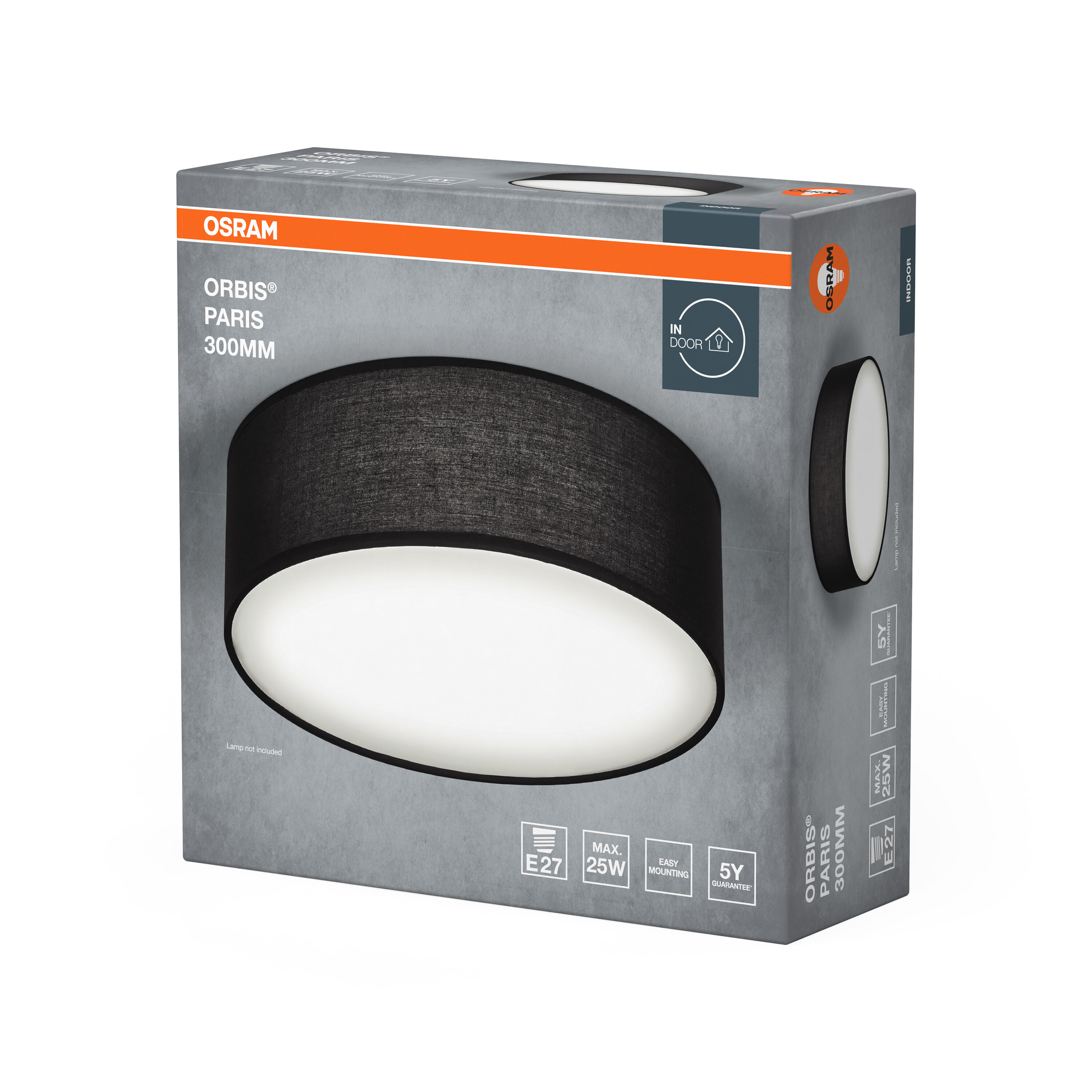 Osram Orbis Paris 300 mm-es mennyezeti lámpa doboza fekete szövet búrával.