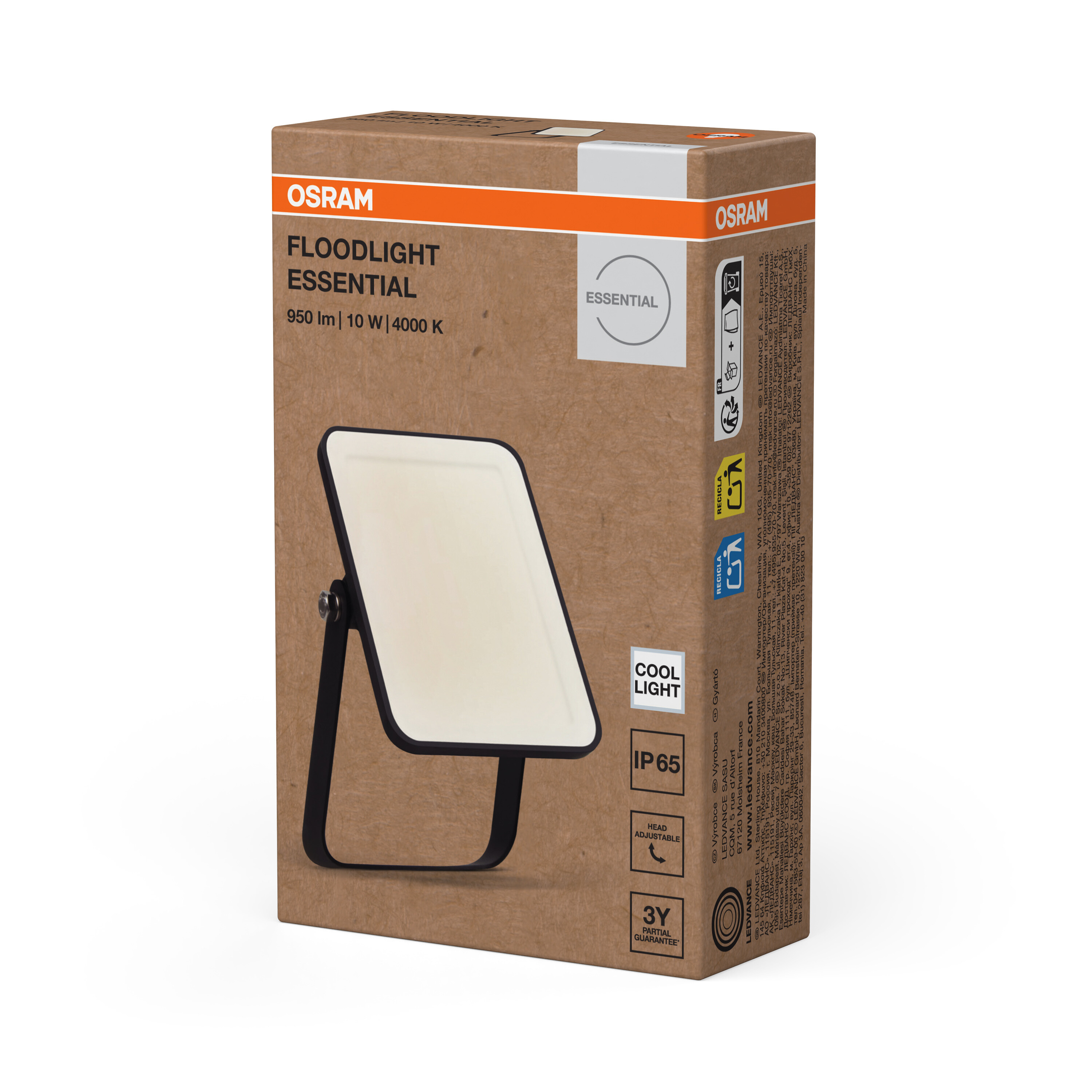 Osram Floodlight Essential csomagolás termékképpel, adatokkal és narancs-fehér dizájnnal kartondobozon.