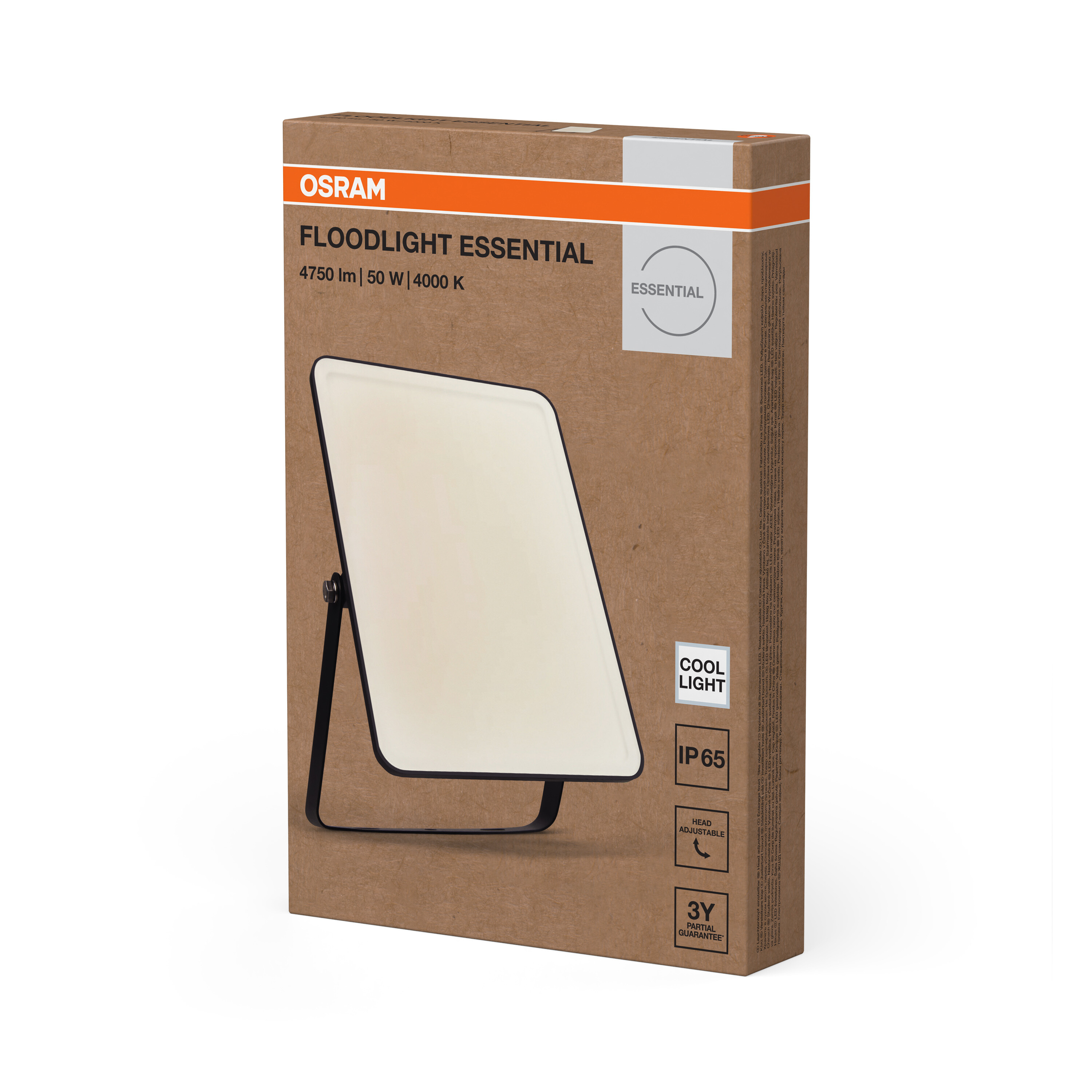 Osram Floodlight Essential doboz termékképpel, adatokkal és narancs-fehér dizájnnal.