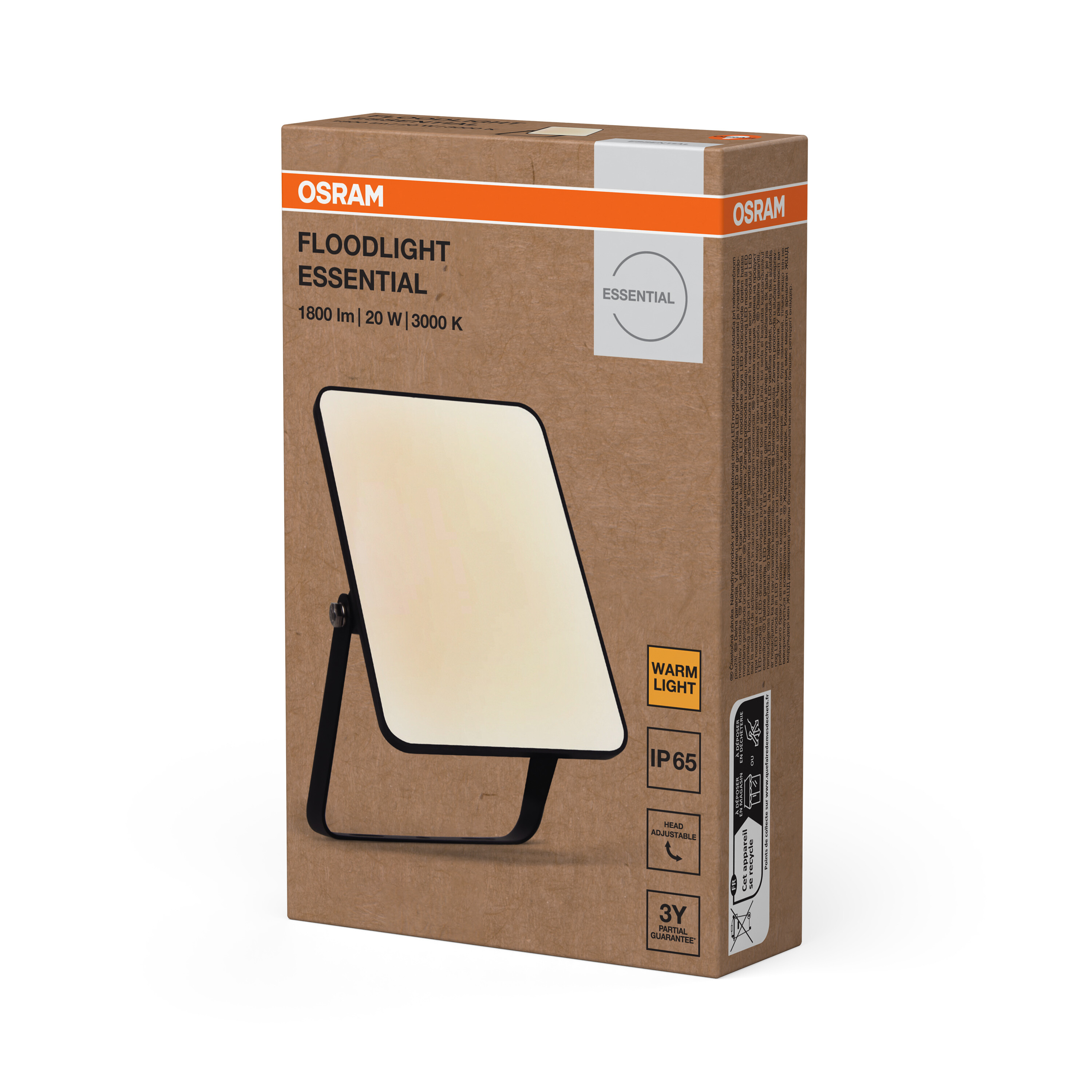 Barna Osram LED fényvető csomagolódoboz termékképpel, adatokkal és narancssárga részletekkel.