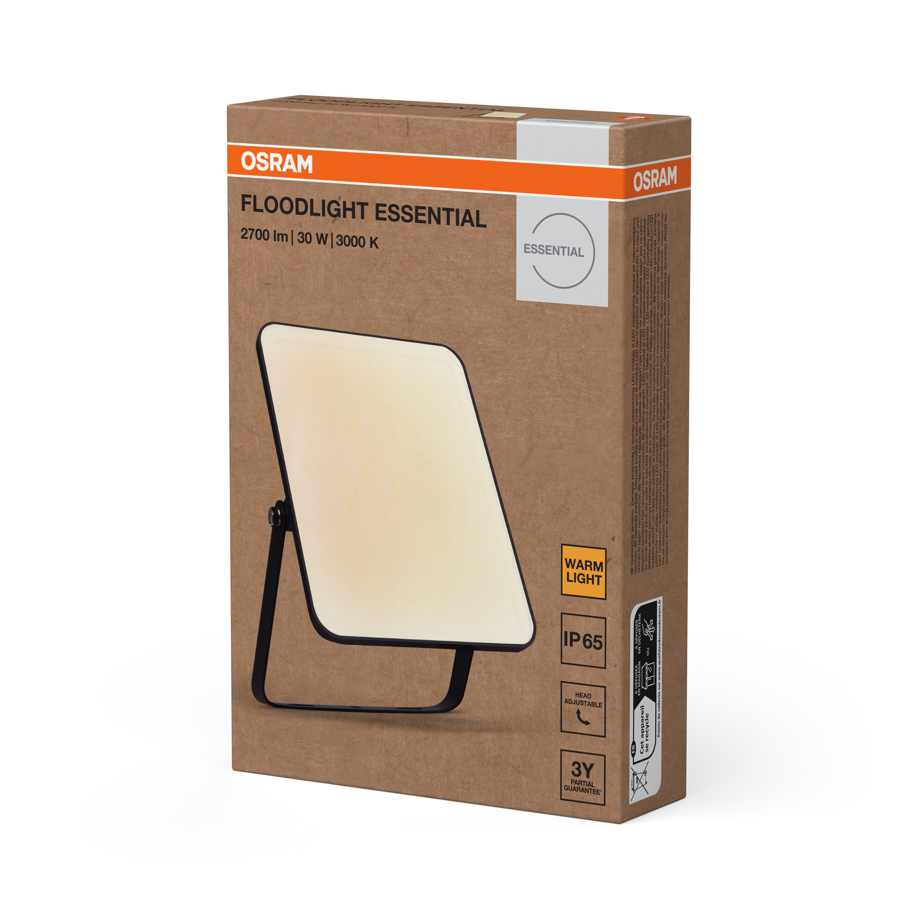 Osram Floodlight Essential csomagolás termékképpel, 30W, 3000K, IP65 besorolással.