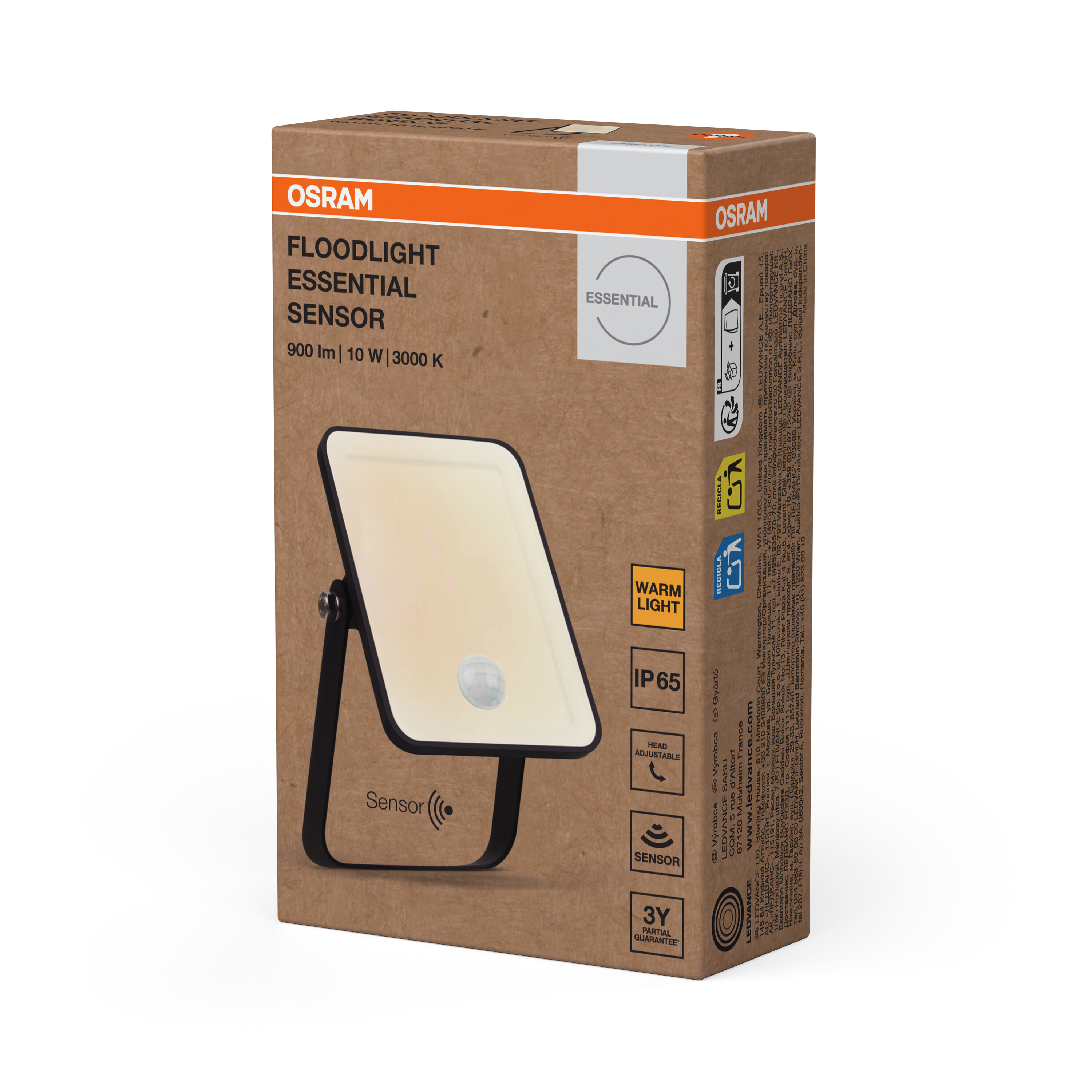 Barna termékdoboz Osram Floodlight Essential szenzorhoz képpel és specifikációkkal.