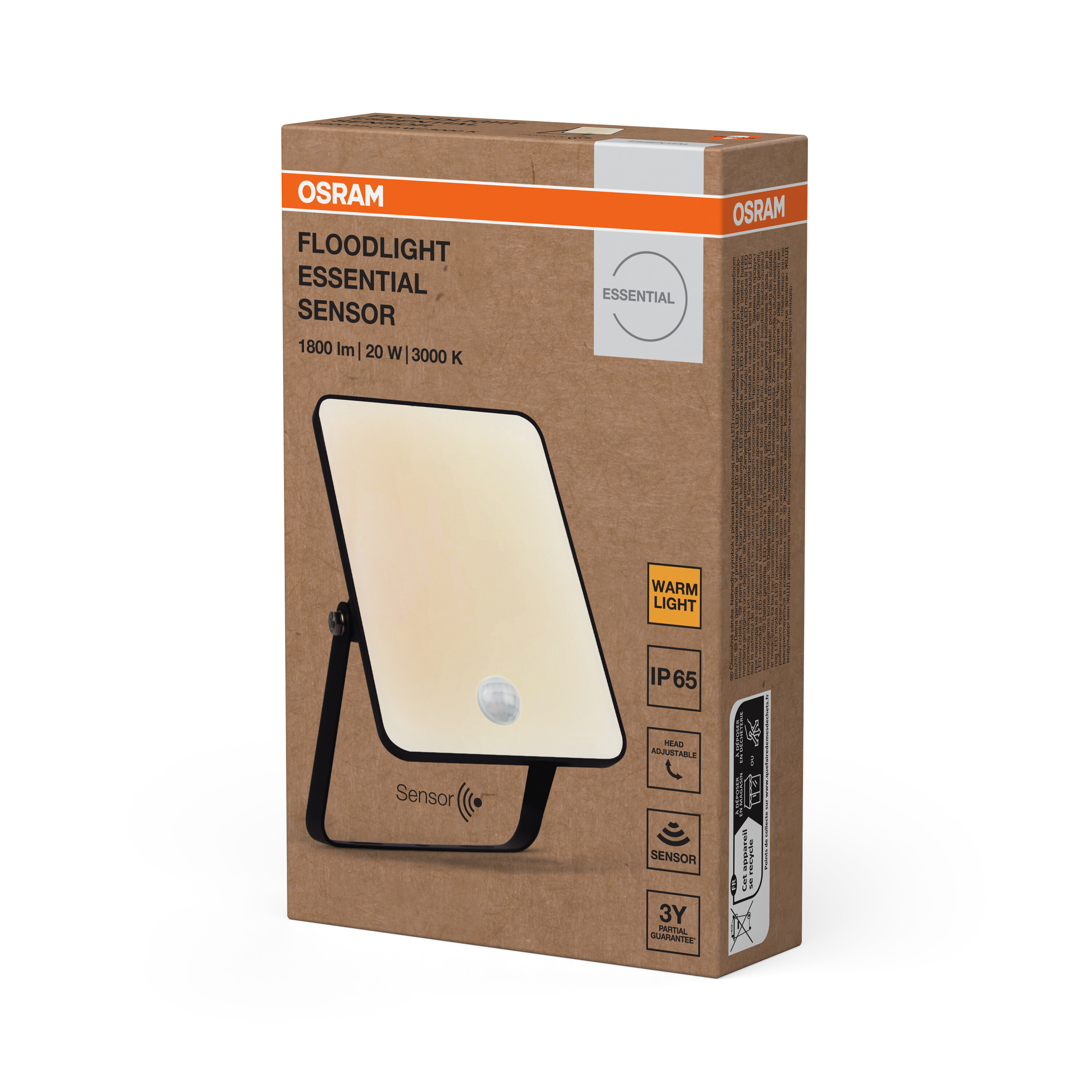 Barna karton Osram Floodlight Essential Sensor termékdoboz LED fényvetítő képével és műszaki adataival.