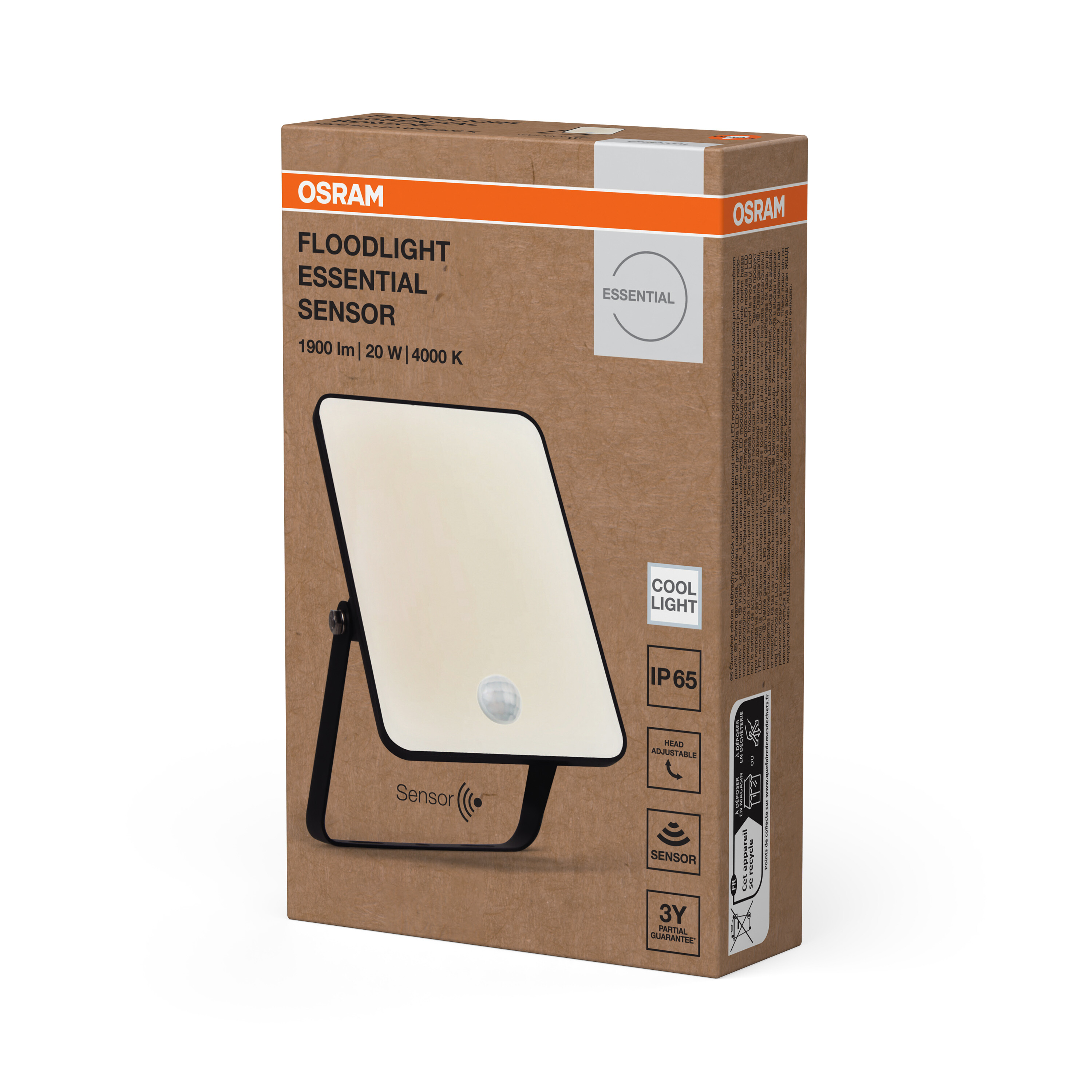 Osram Floodlight Essential Sensor barna és narancs csomagolás termékképpel.