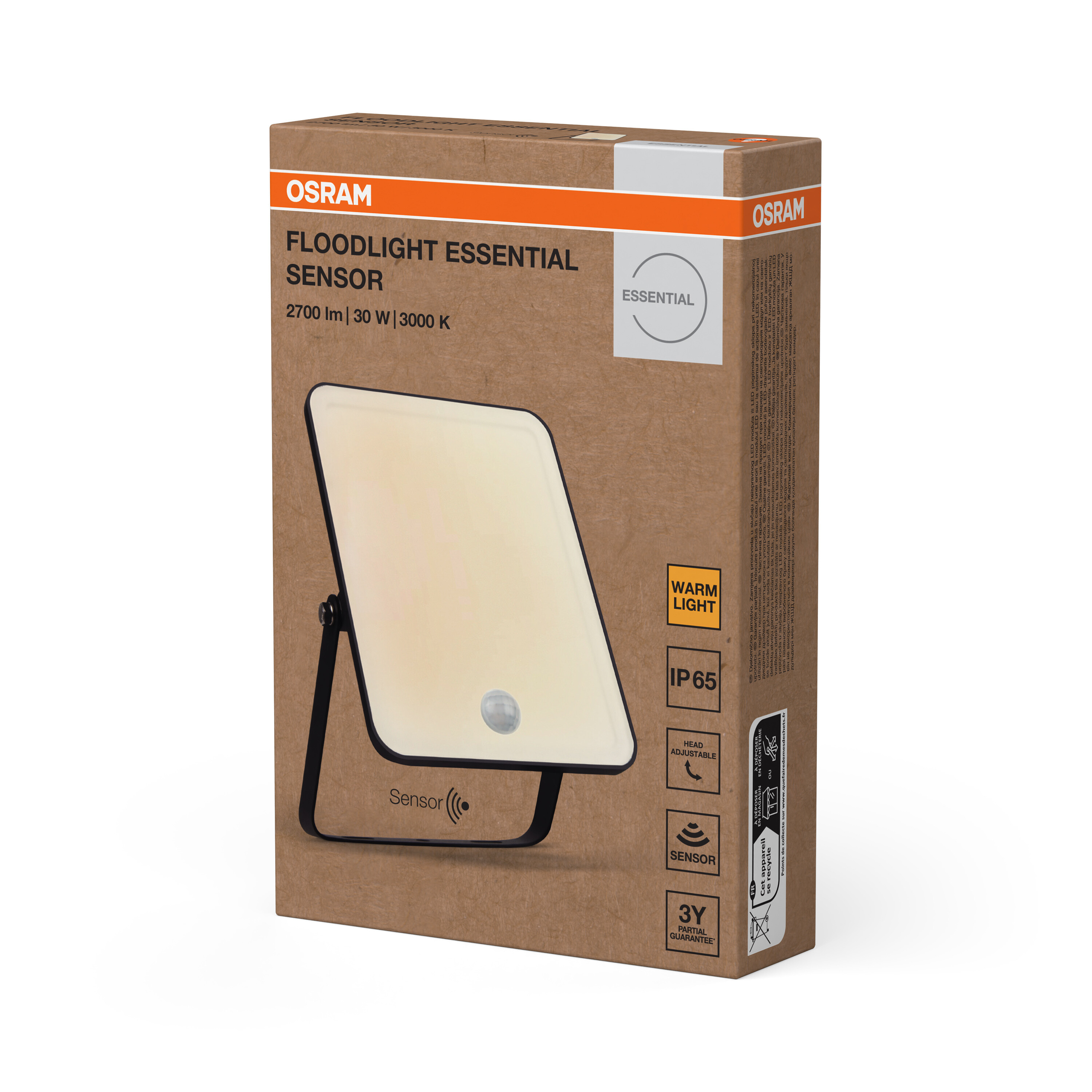 Egy Osram Floodlight Essential érzékelő barna termékcsomagolása termékképpel.