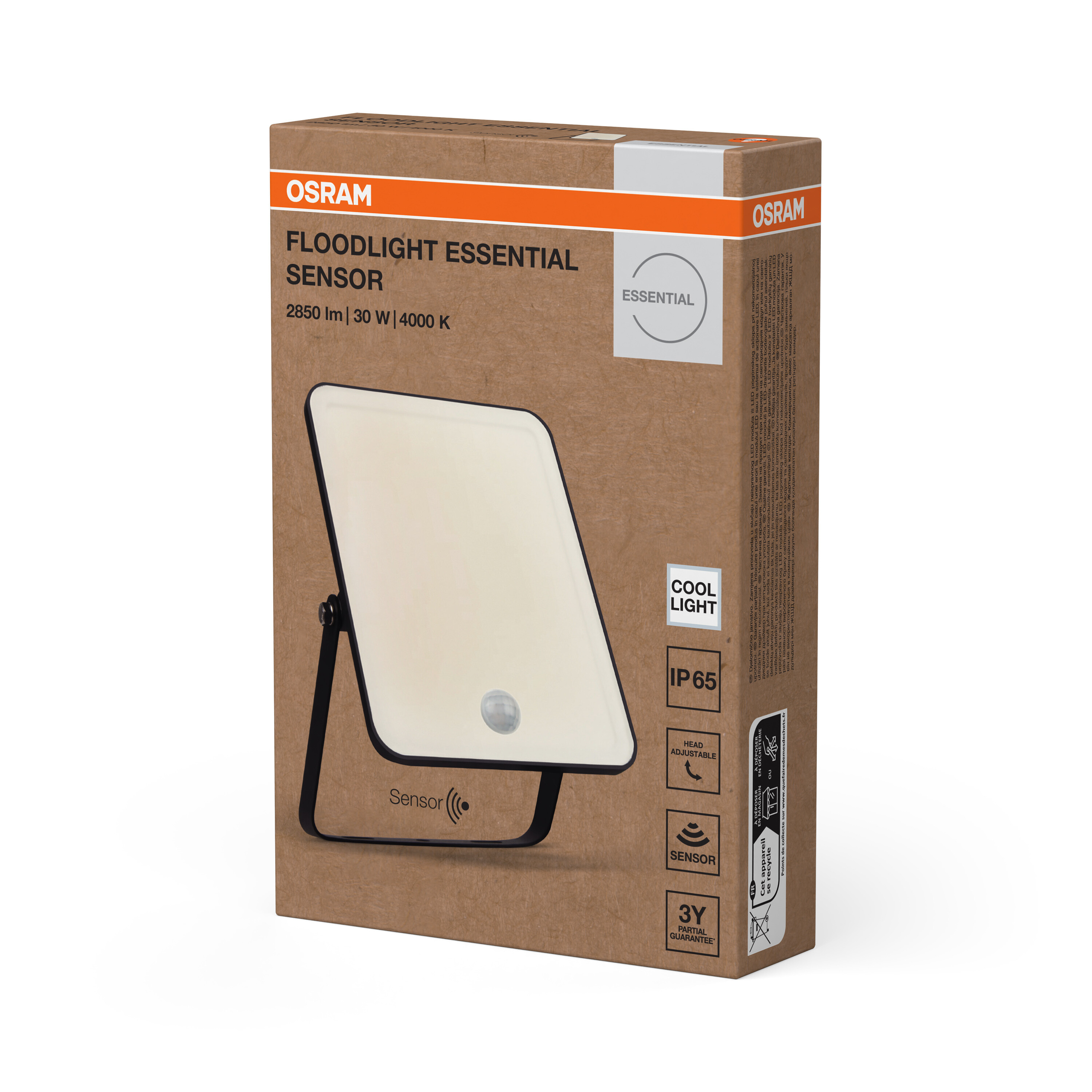 Barna Osram Floodlight Essential Sensor doboz termékképpel és műszaki adatokkal.