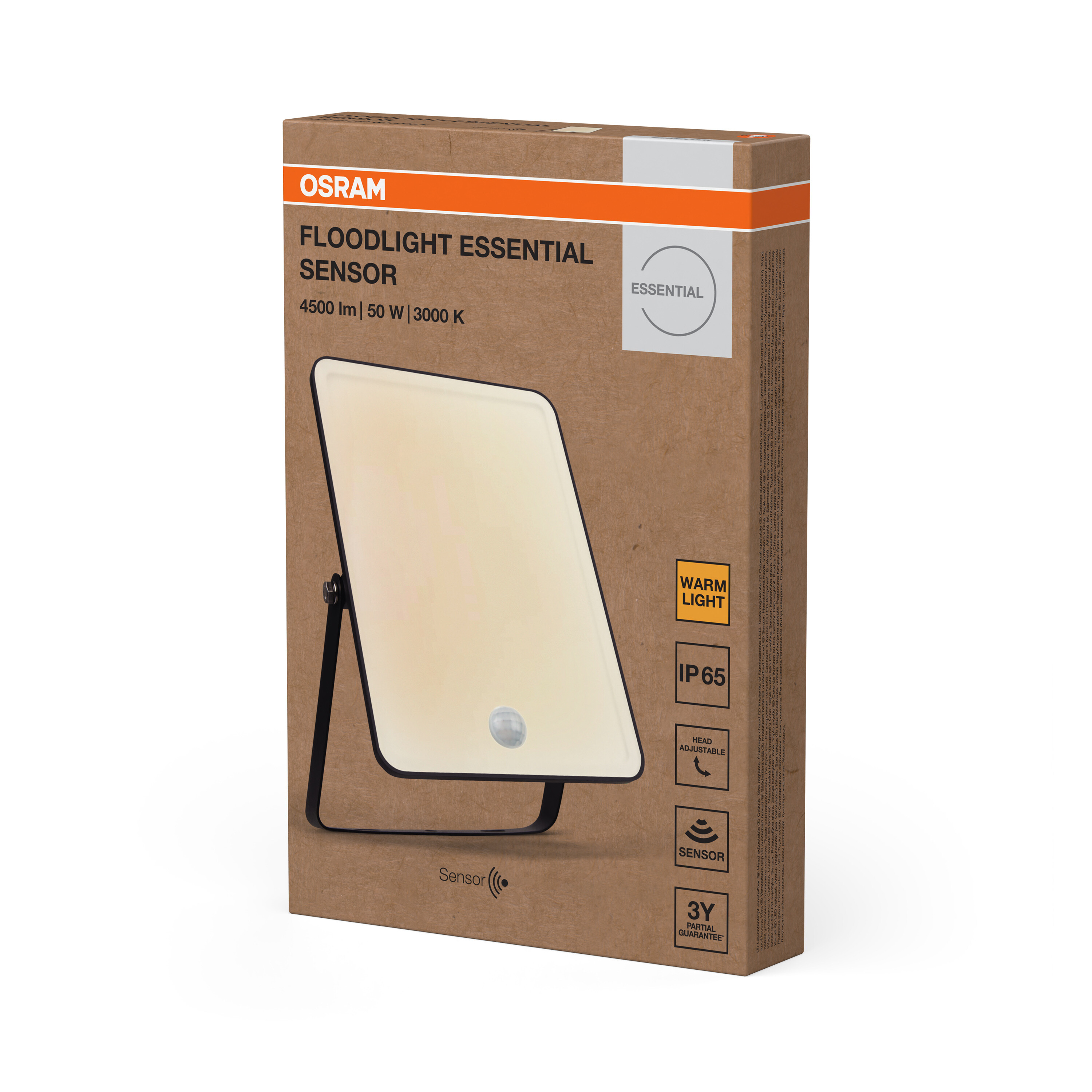 Barna termékcsomagolás OSRAM Floodlight Essential LED vetítőhöz érzékelővel, fehér háttérrel.