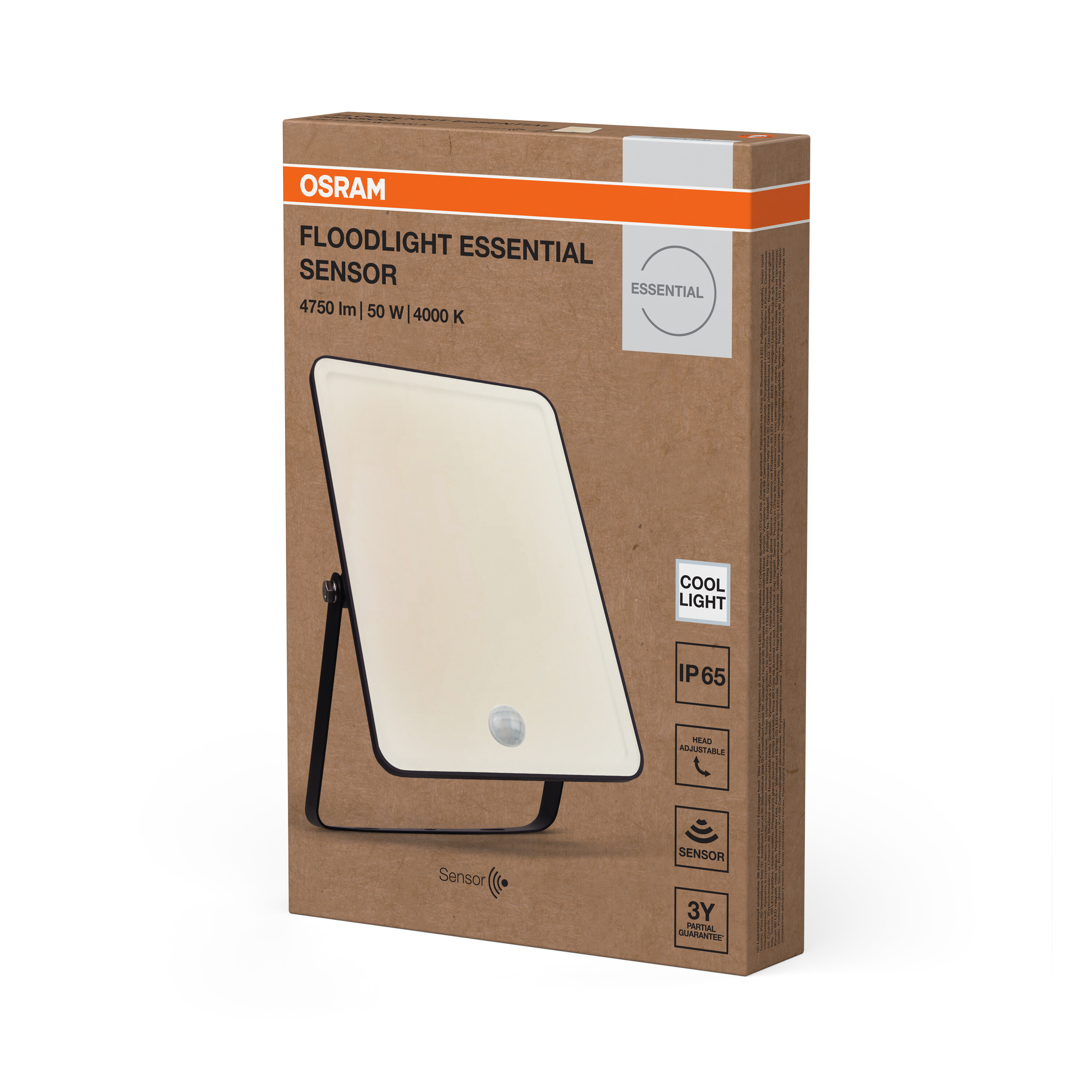 Barna termékdoboz az Osram Floodlight Essential Sensorhoz a lámpa képével.