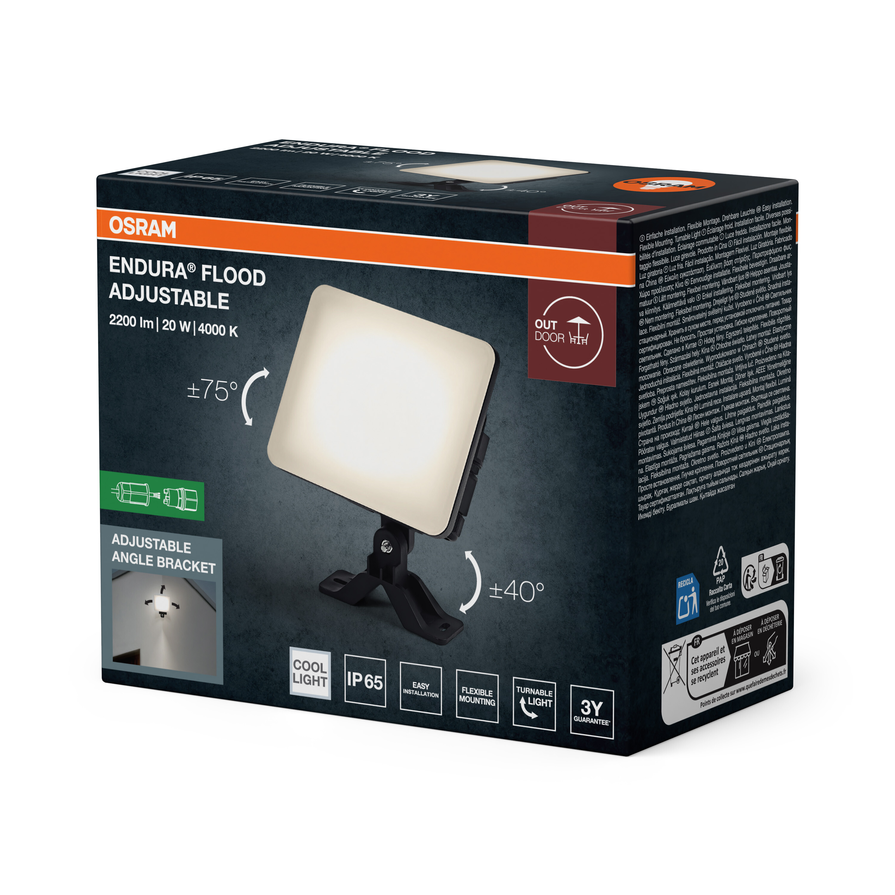 Osram Endura Flood LED reflektor csomagolása részletekkel és ikonokkal.