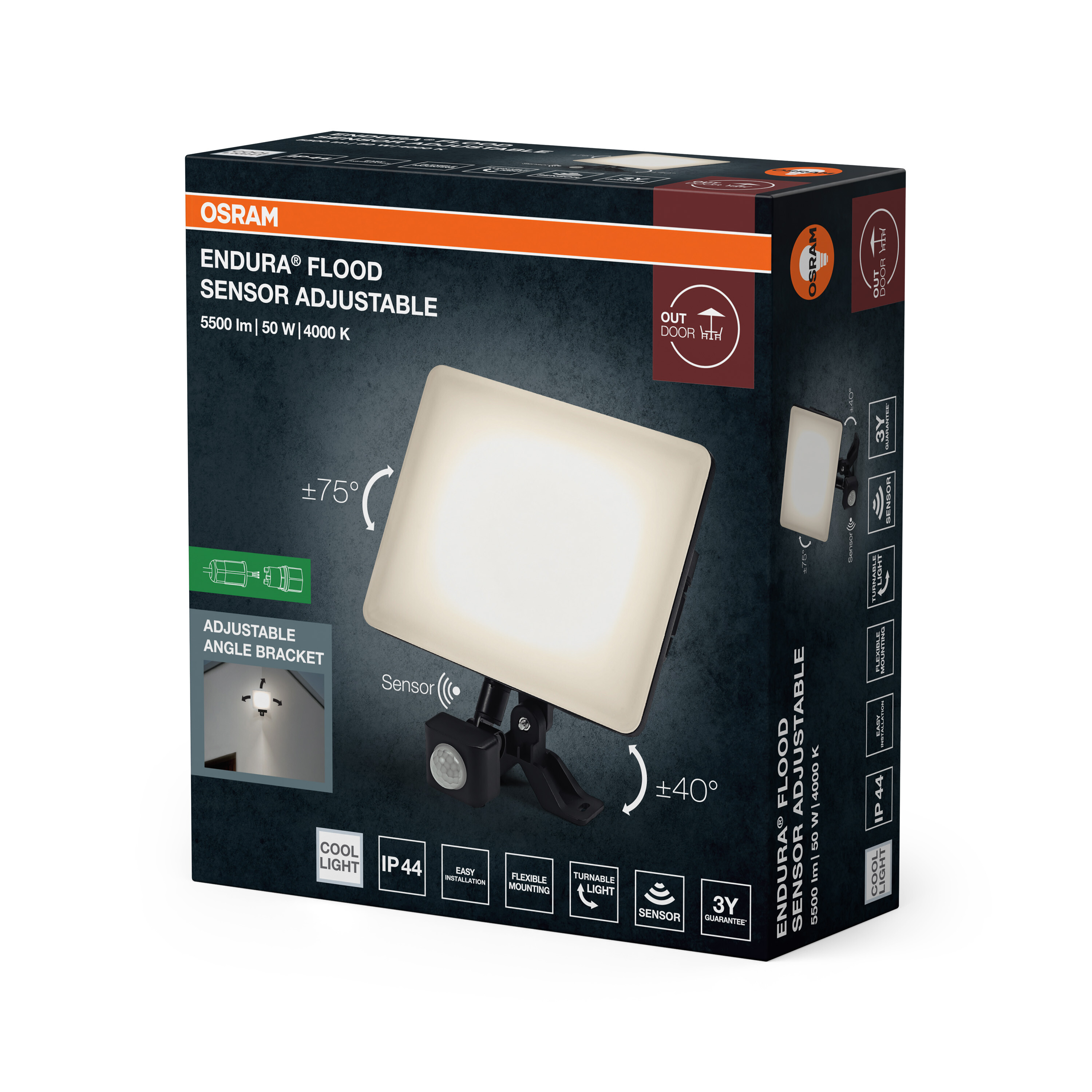 Osram Endura Flood Sensor Adjustable fényvető csomagolása érzékelővel, sötét háttér előtt.