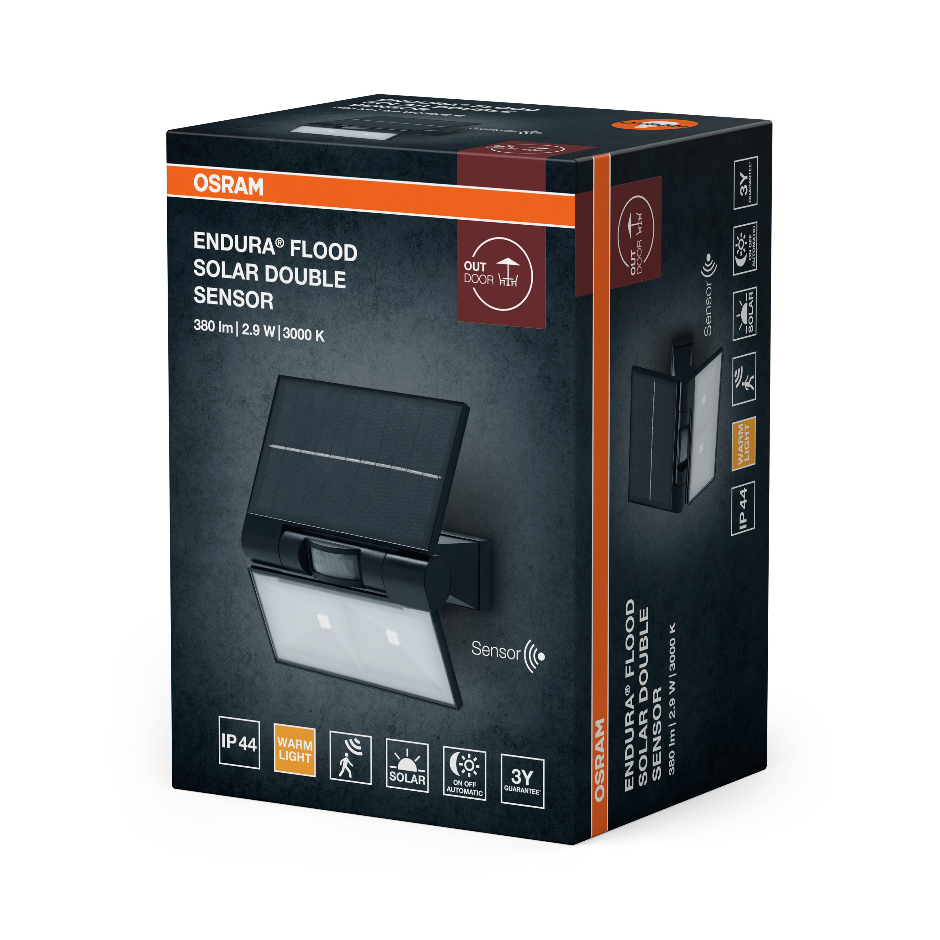 Az Osram Endura Flood Solar Double Sensor kültéri lámpa csomagolása integrált napelemmel és érzékelővel.