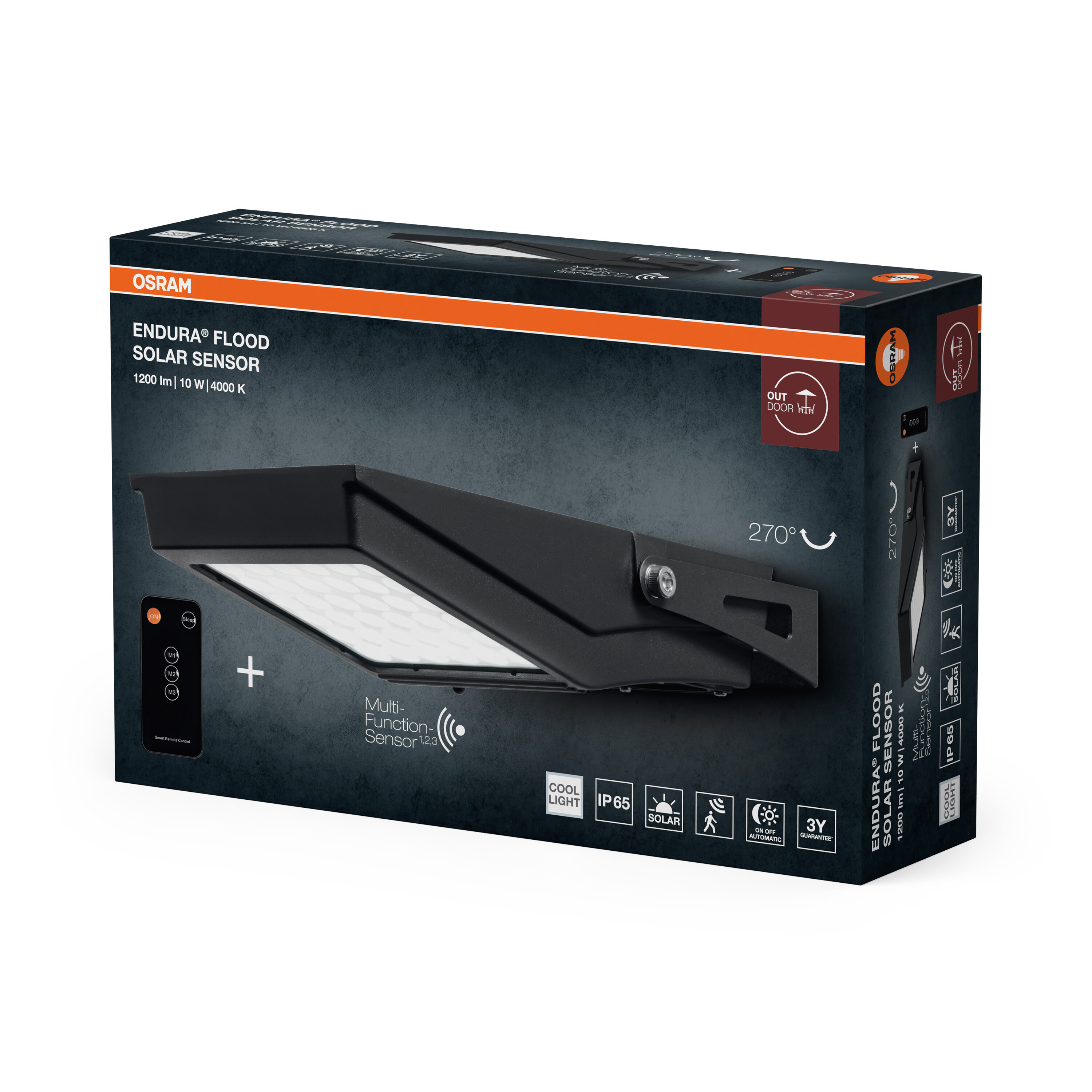 Osram Endura Flood napelemes LED lámpa csomagolása termékképpel és adatokkal.