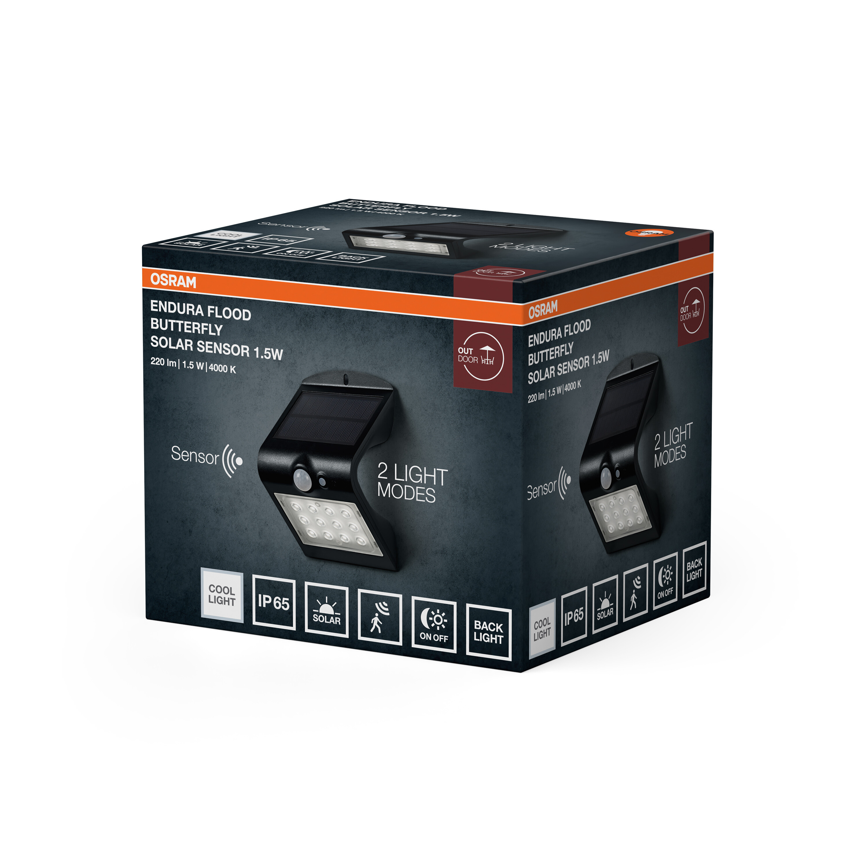 Termékcsomagolás az Osram Endura Flood Butterfly Solar Sensor kültéri napelemes lámpához.