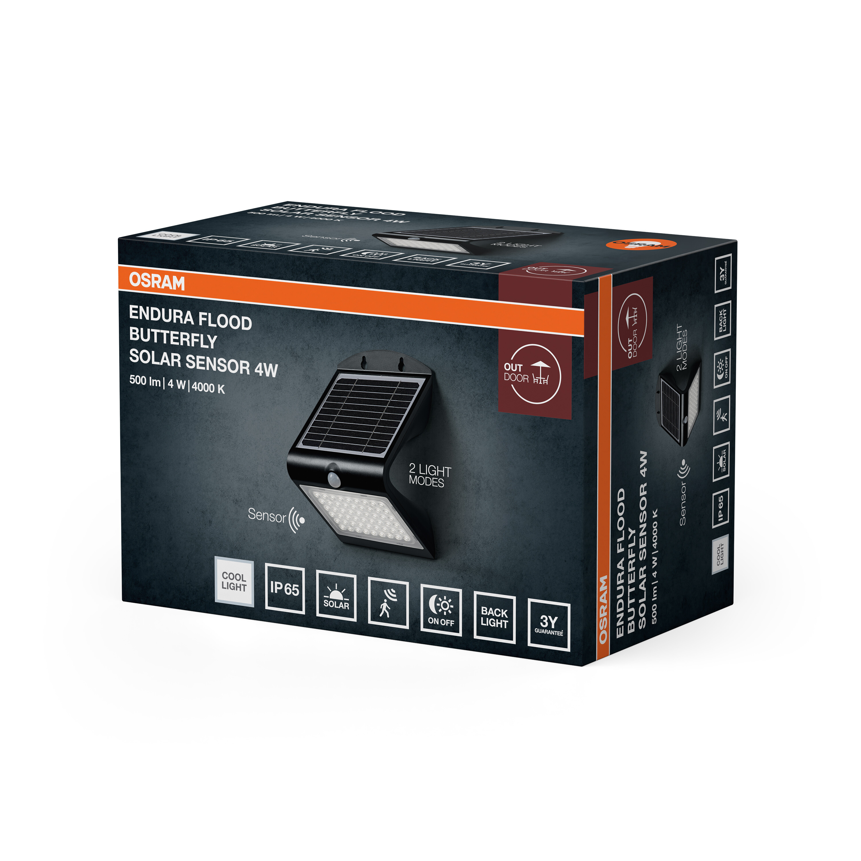 Az Osram Endura Flood Butterfly napelemes érzékelős 4W-os lámpa csomagolása termékképpel és adatokkal.