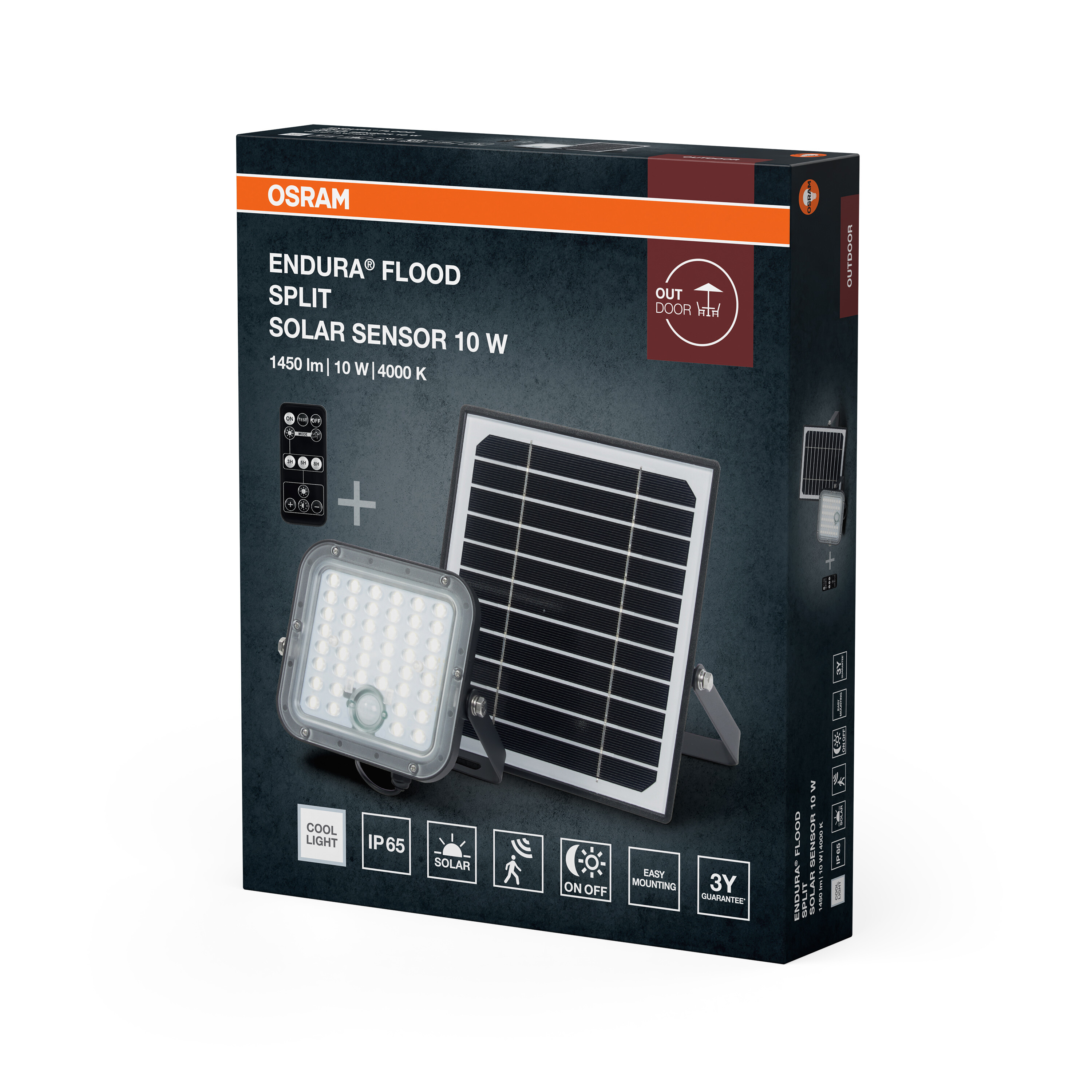 Osram Endura Flood Split napelemes érzékelő doboz lámpával, napelemmel és távirányítóval.