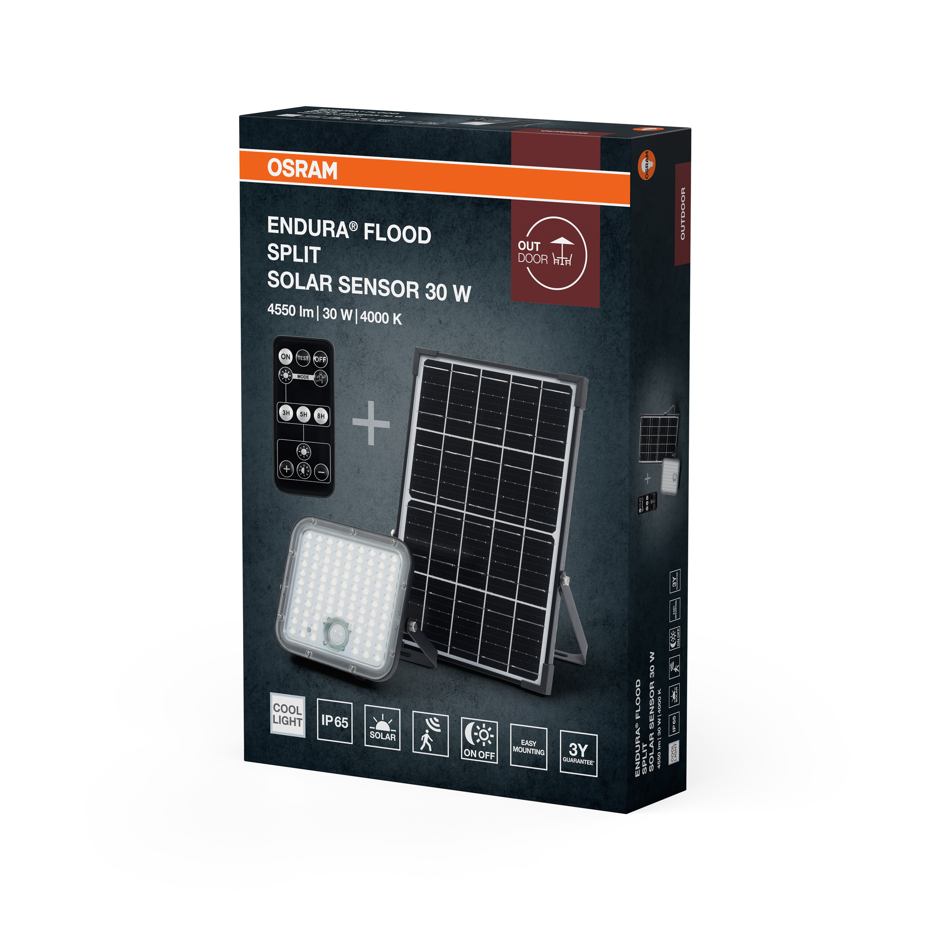Osram Endura Flood Split Solar Sensor 30W termékdoboz fényszóróval, napelemmel és távirányítóval.