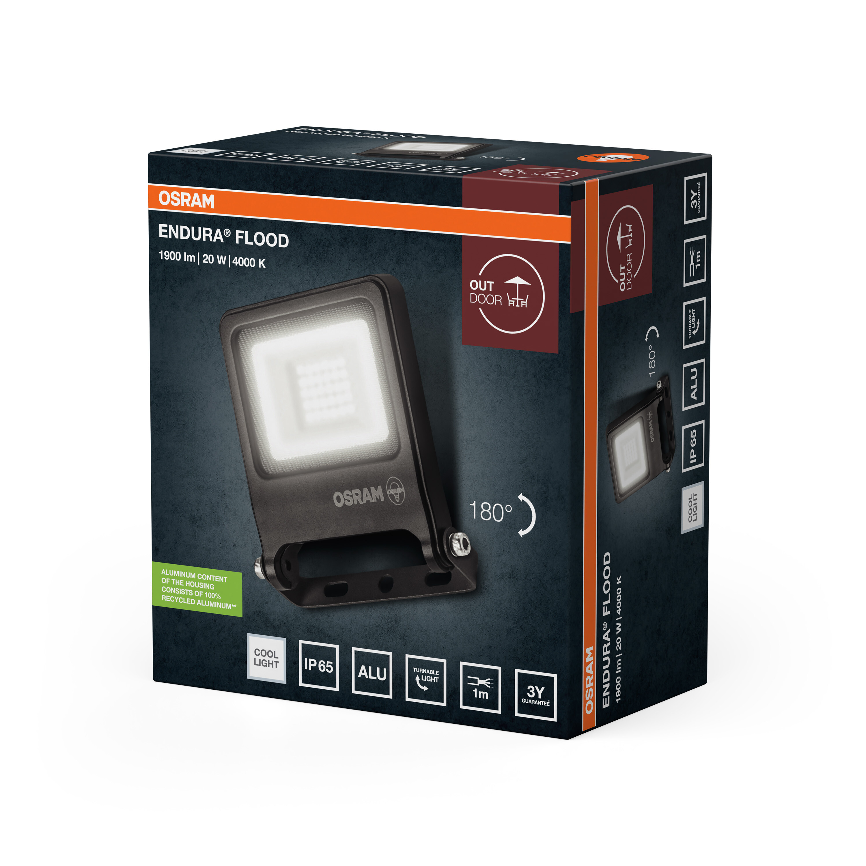 Osram Endura Flood csomagolás LED reflektorral, adatokkal és ikonokkal sötét háttéren.