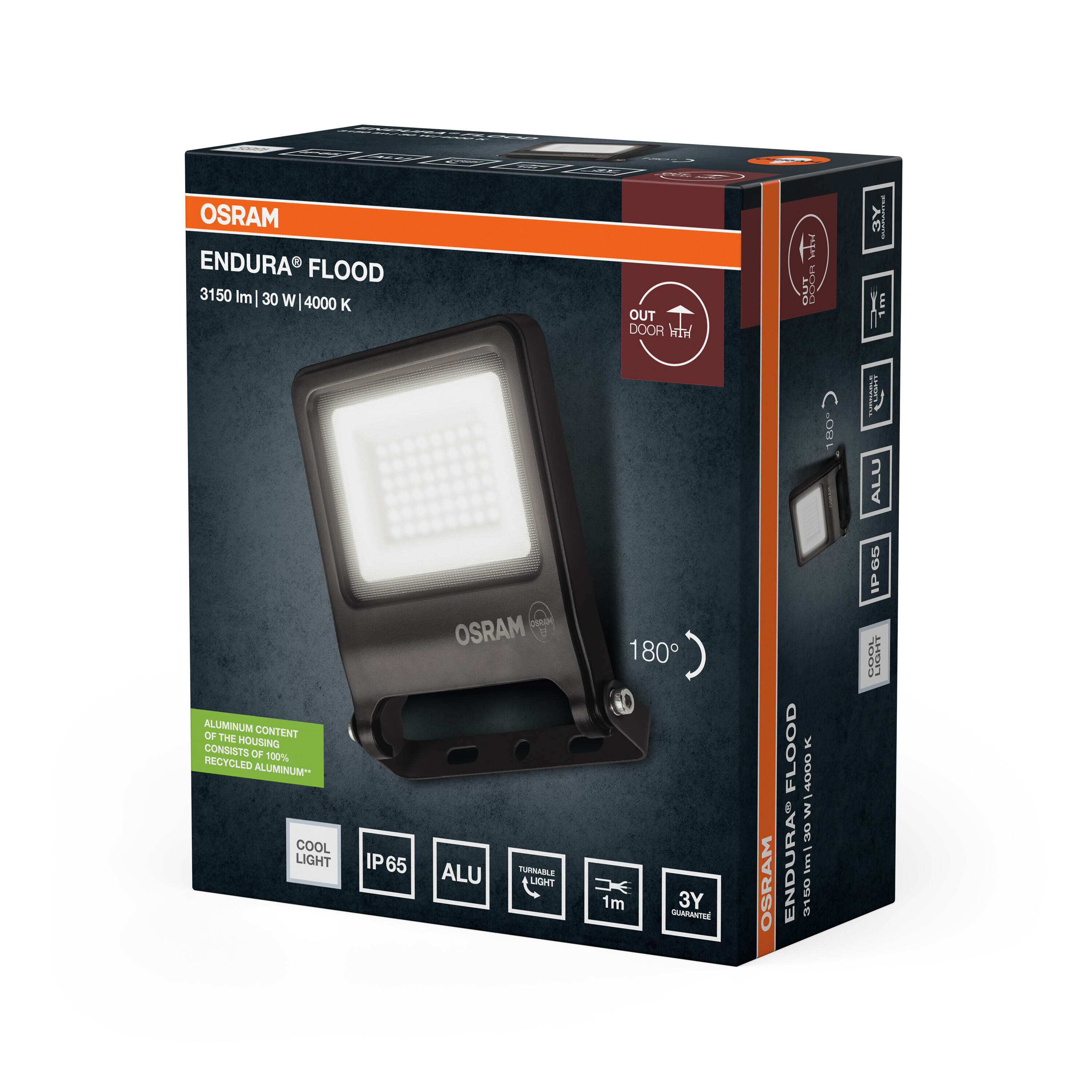 Az Osram Endura Flood LED reflektor csomagolása termékadatokkal és képpel sötét háttéren.