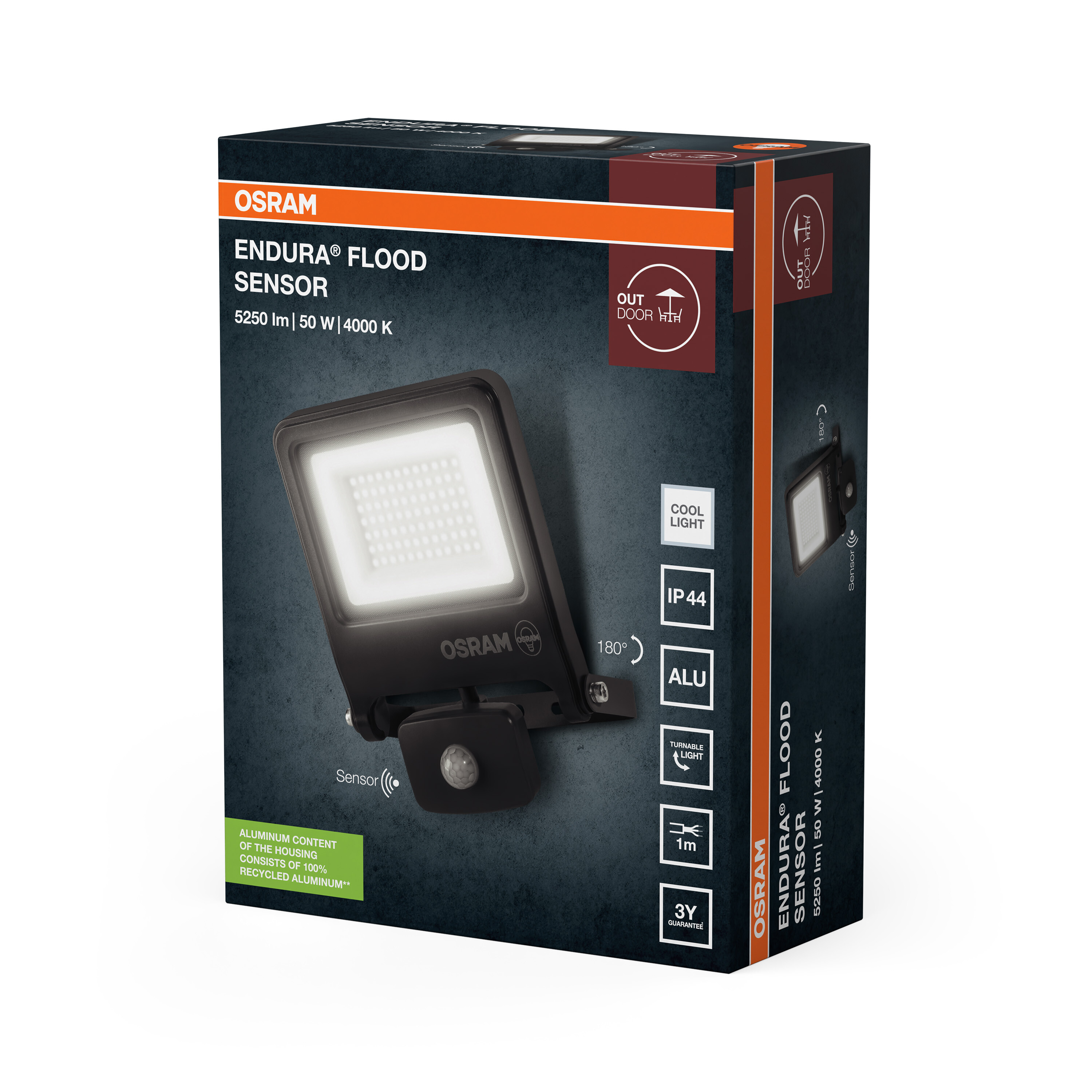 Az Osram Endura Flood Sensor termékcsomagolása, egy fekete LED-es fényszóró mozgásérzékelővel.
