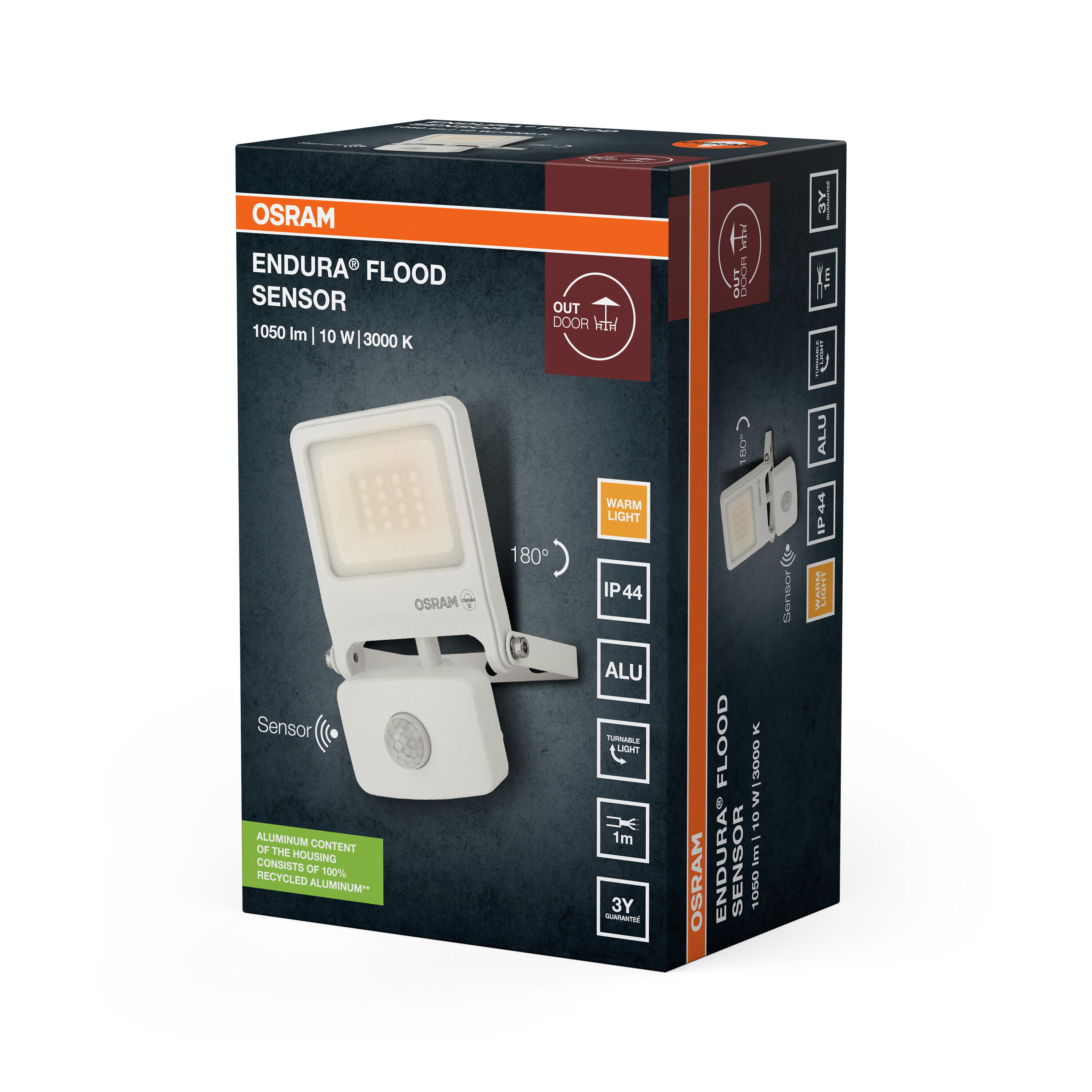 Osram Endura Flood Sensor termékcsomagolás fehér LED-es fényvetővel és mozgásérzékelővel.