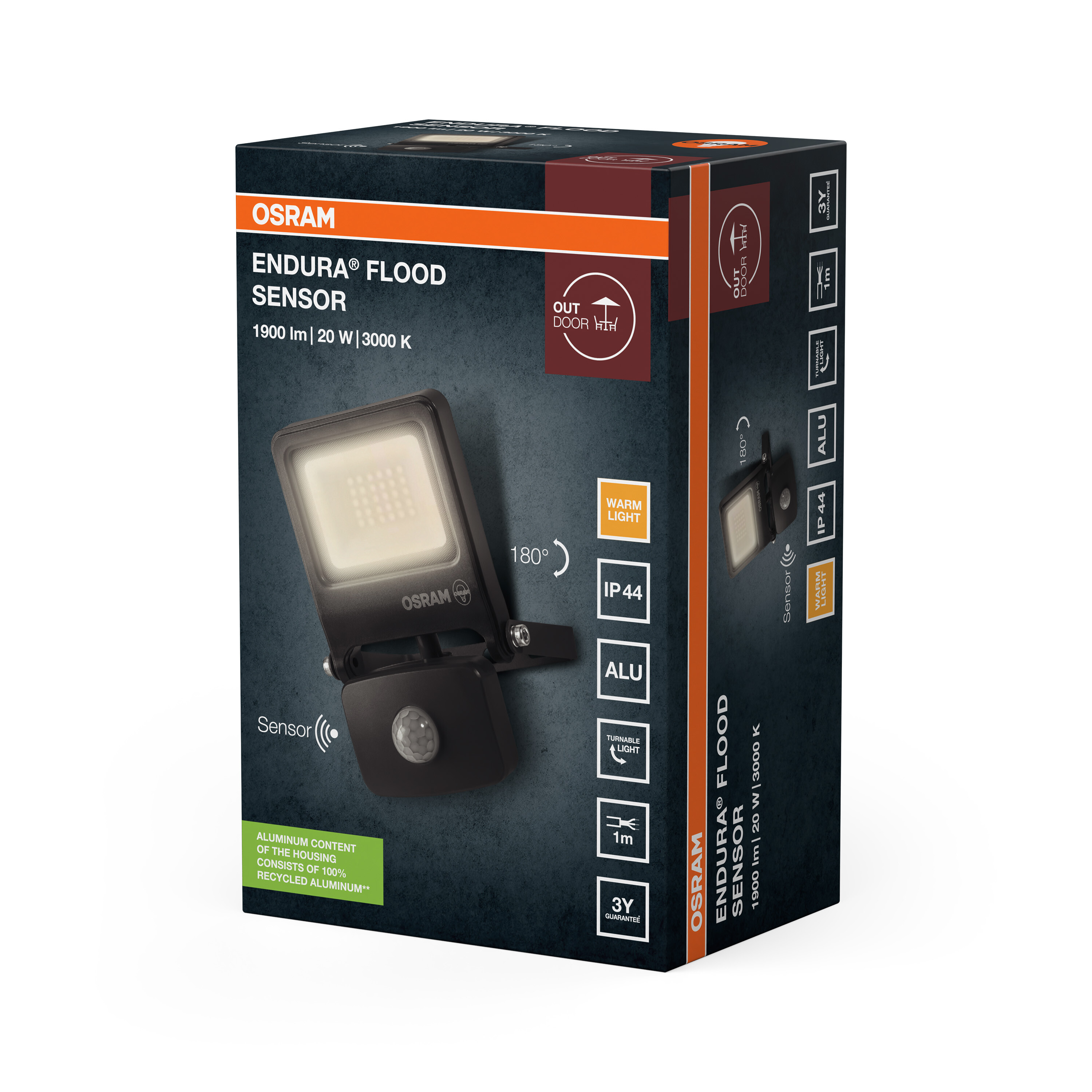 Az Osram Endura Flood Sensor termékcsomagolása képpel és technikai adatokkal.