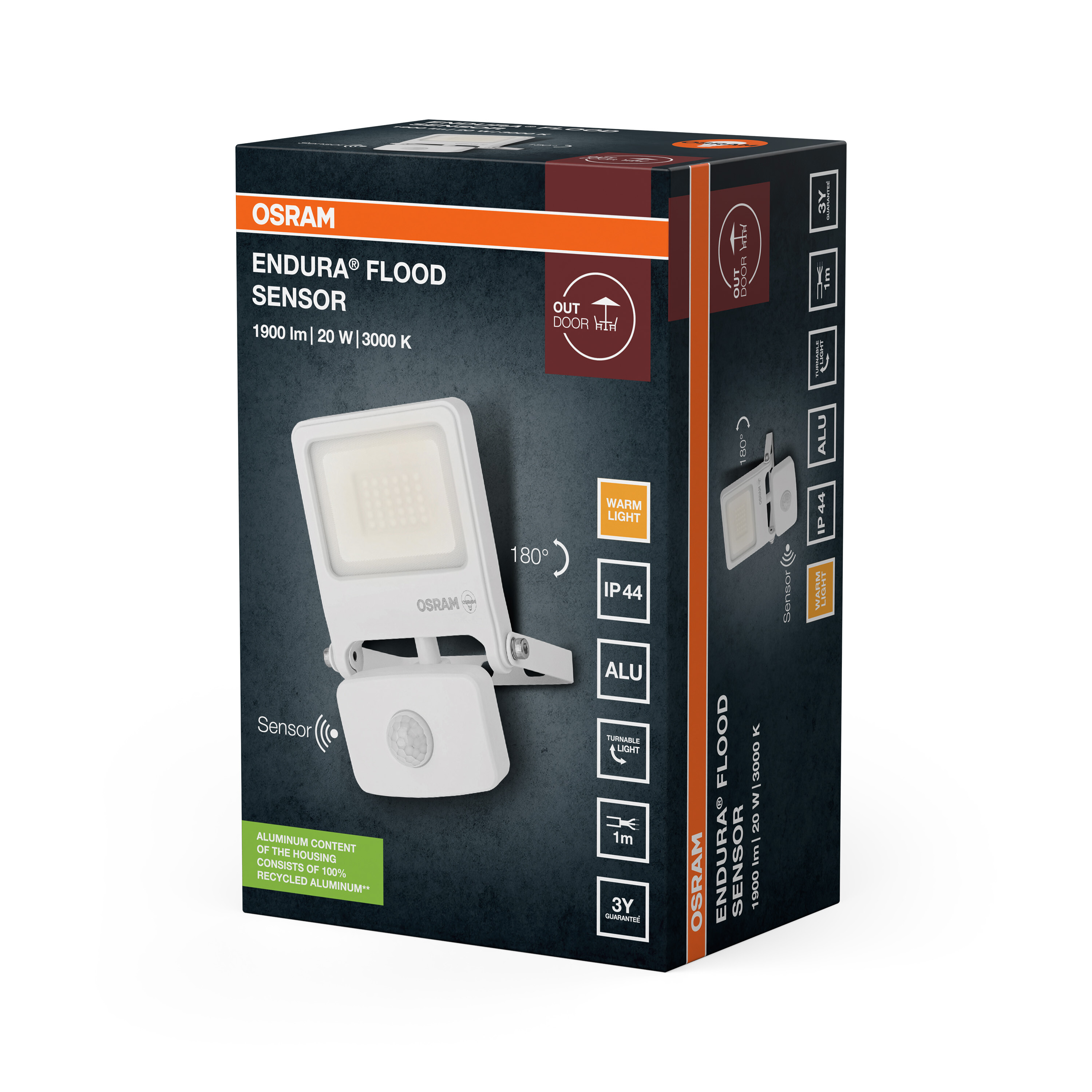 Az Osram Endura Flood Sensor csomagolása, egy 20 W-os LED lámpa szenzorral, termékképpel és specifikációkkal.