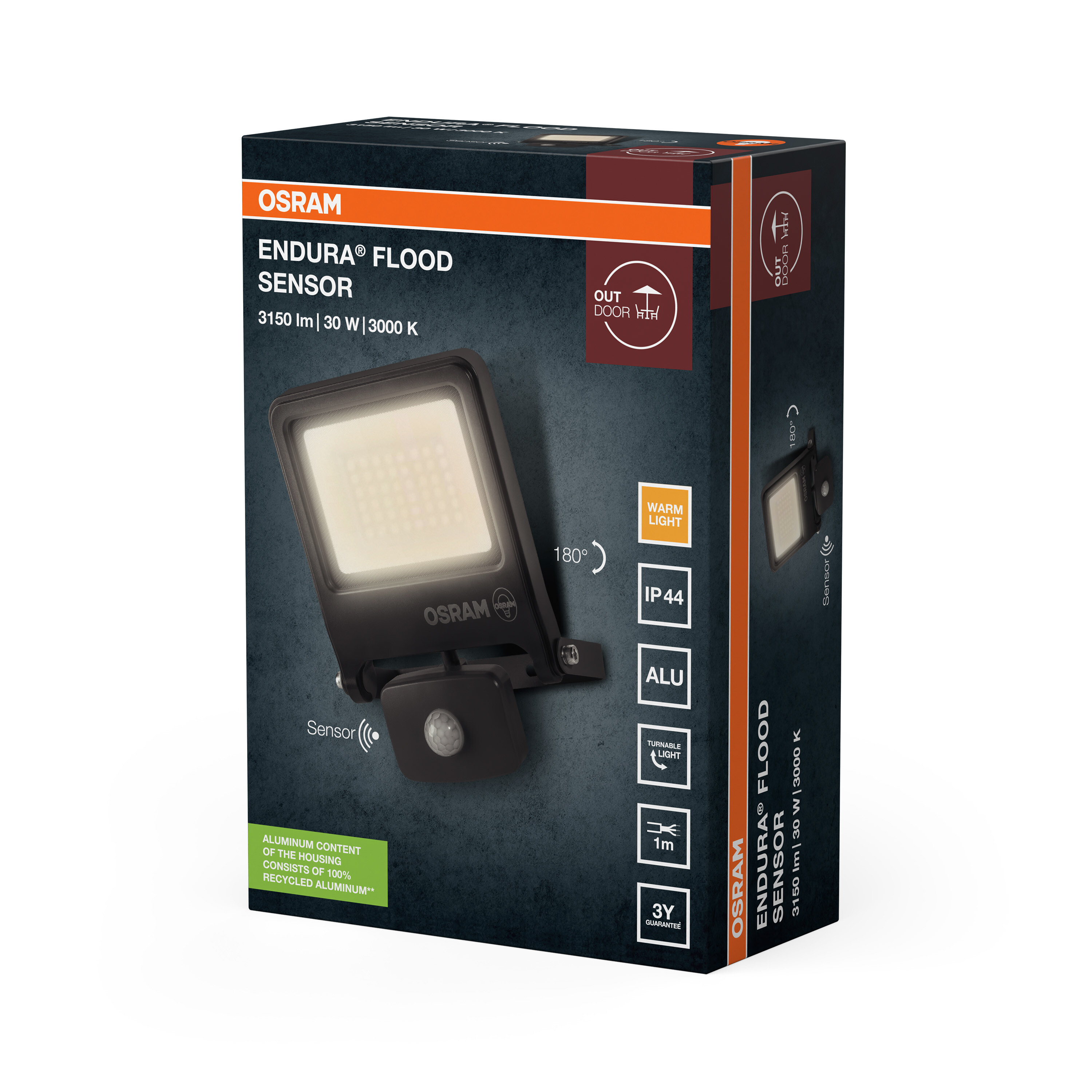 Osram Endura Flood Sensor doboz fekete LED reflektorral és mozgásérzékelővel.