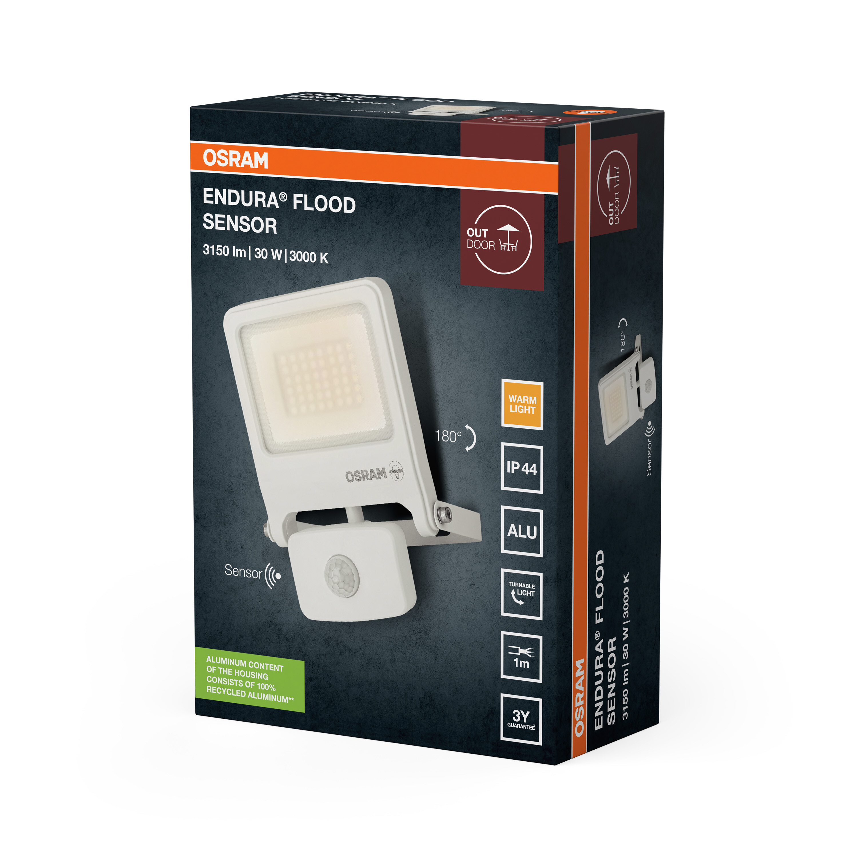 Az Osram Endura Flood Sensor csomagolása, egy fehér LED-es kültéri reflektor mozgásérzékelővel és adatokkal.
